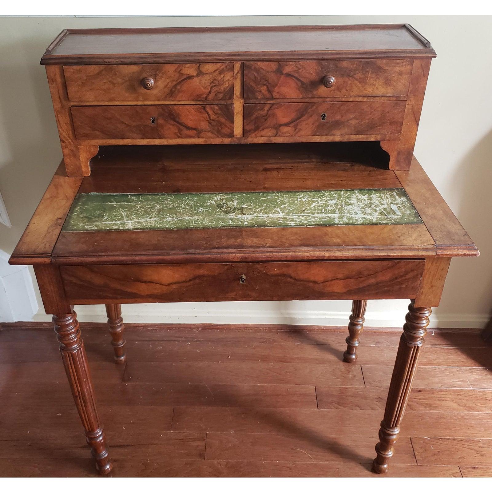 19th century Louis Philippe writing desk in walnut - antique writing desk - antique desk - antique table - french antiques. This elegant antique writing desk made from walnut wood, walnut burl veneer and leather top insert. Very practical because of