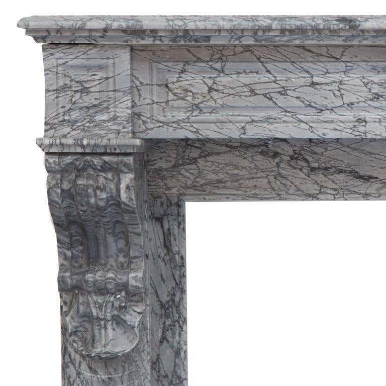 Hand-Carved 19th Century Louis Phillipe Italian Bardiglio Marble Fireplace Mantel For Sale