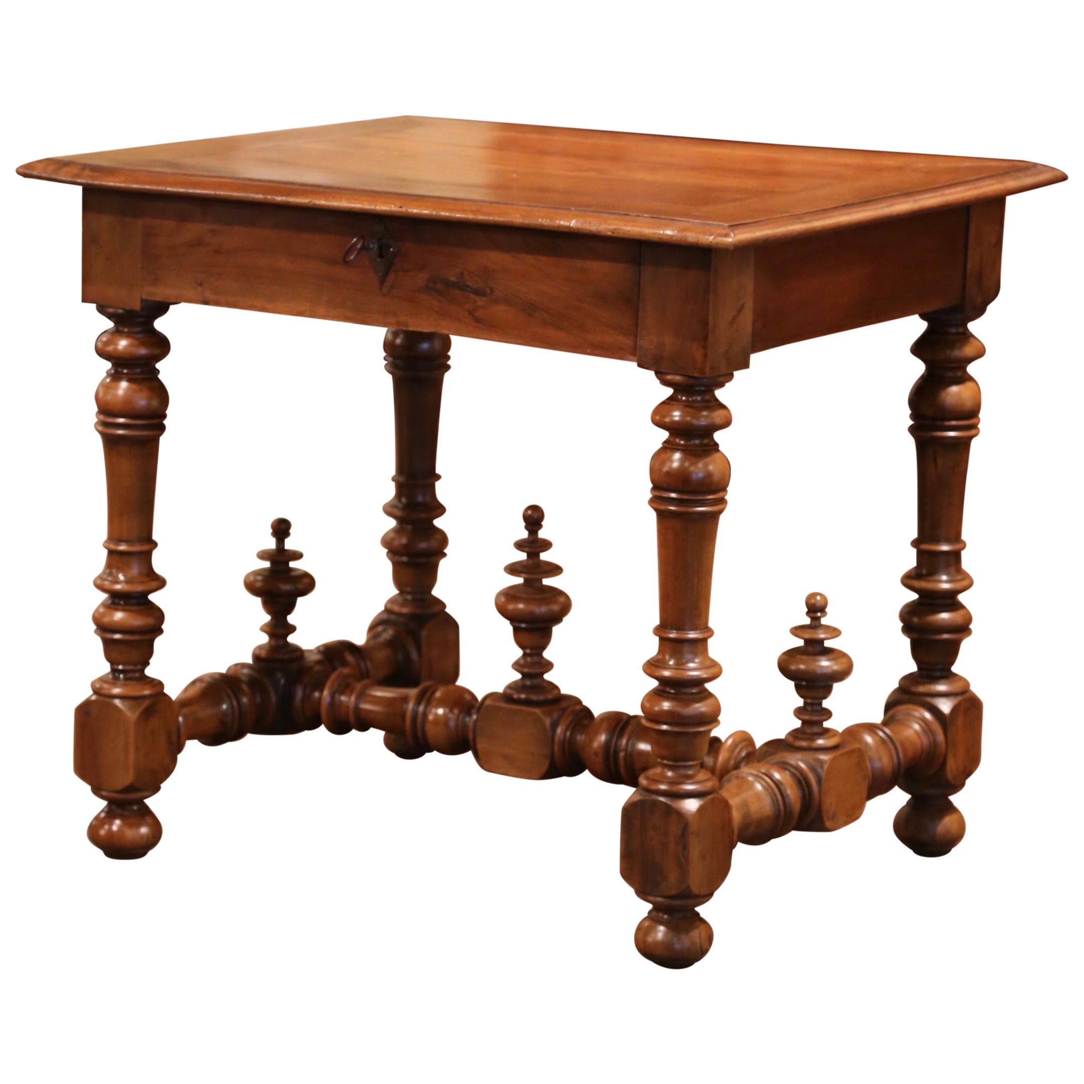 19th Century Louis XIII Carved Walnut and Pear Table with Decorative Finials