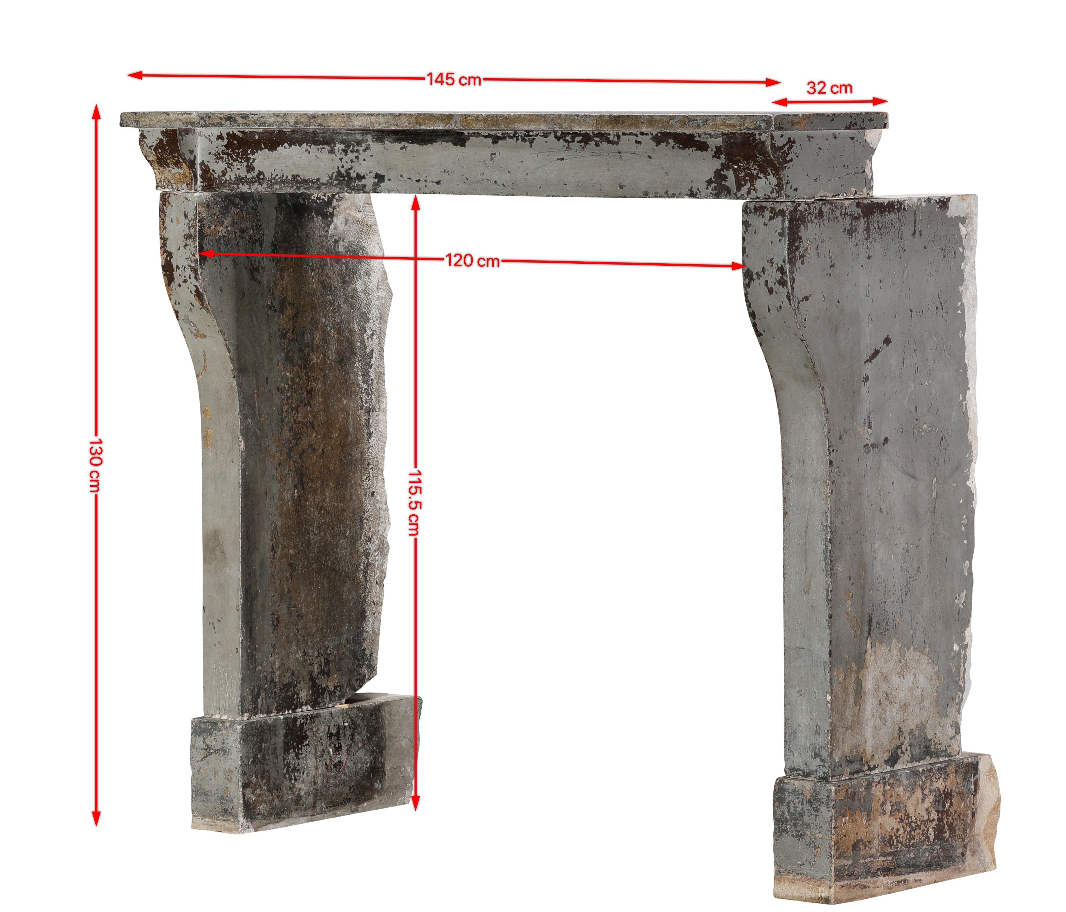 Außergewöhnliche Kamineinfassung aus Kalkstein im französischen Louis-XIII-Stil aus dem 19. Jahrhundert mit seltenen großen Abmessungen und einer ursprünglichen Patina, die sich im Laufe der Jahrhunderte durch Farbschichten entwickelt hat. Die