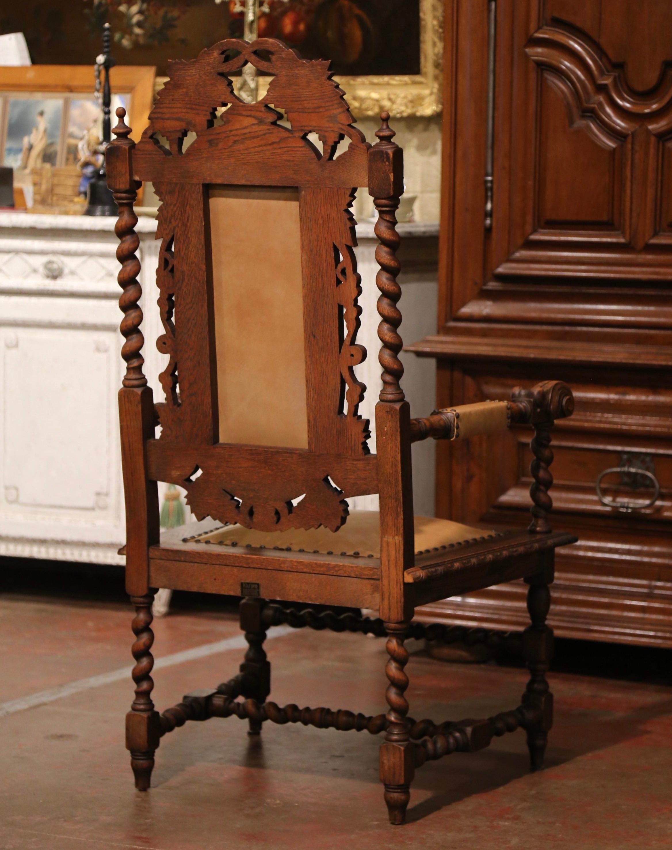 19th Century Louis XIII Style Carved Oak and Leather Armchair by Karpen For Sale 5