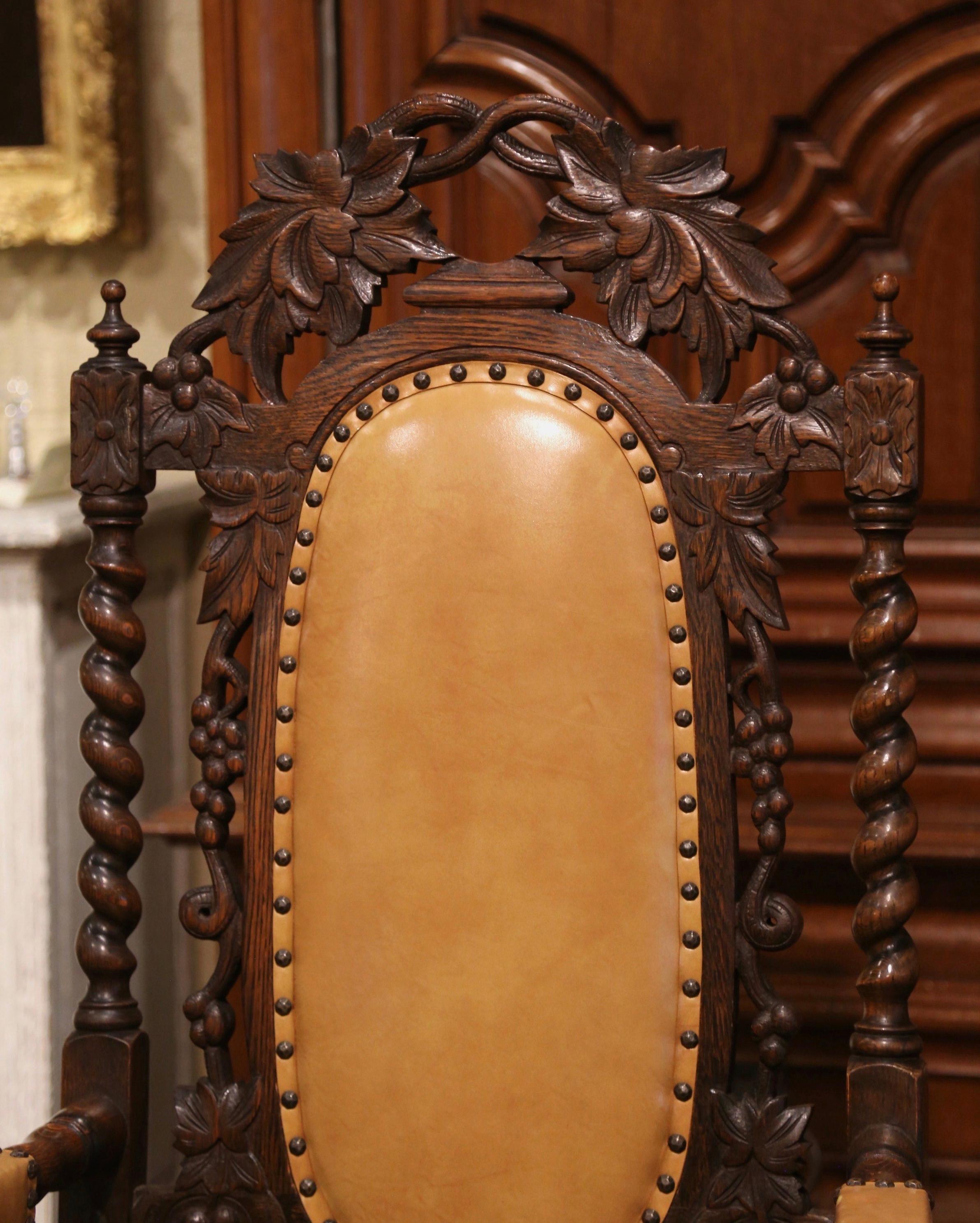 American 19th Century Louis XIII Style Carved Oak and Leather Armchair by Karpen For Sale