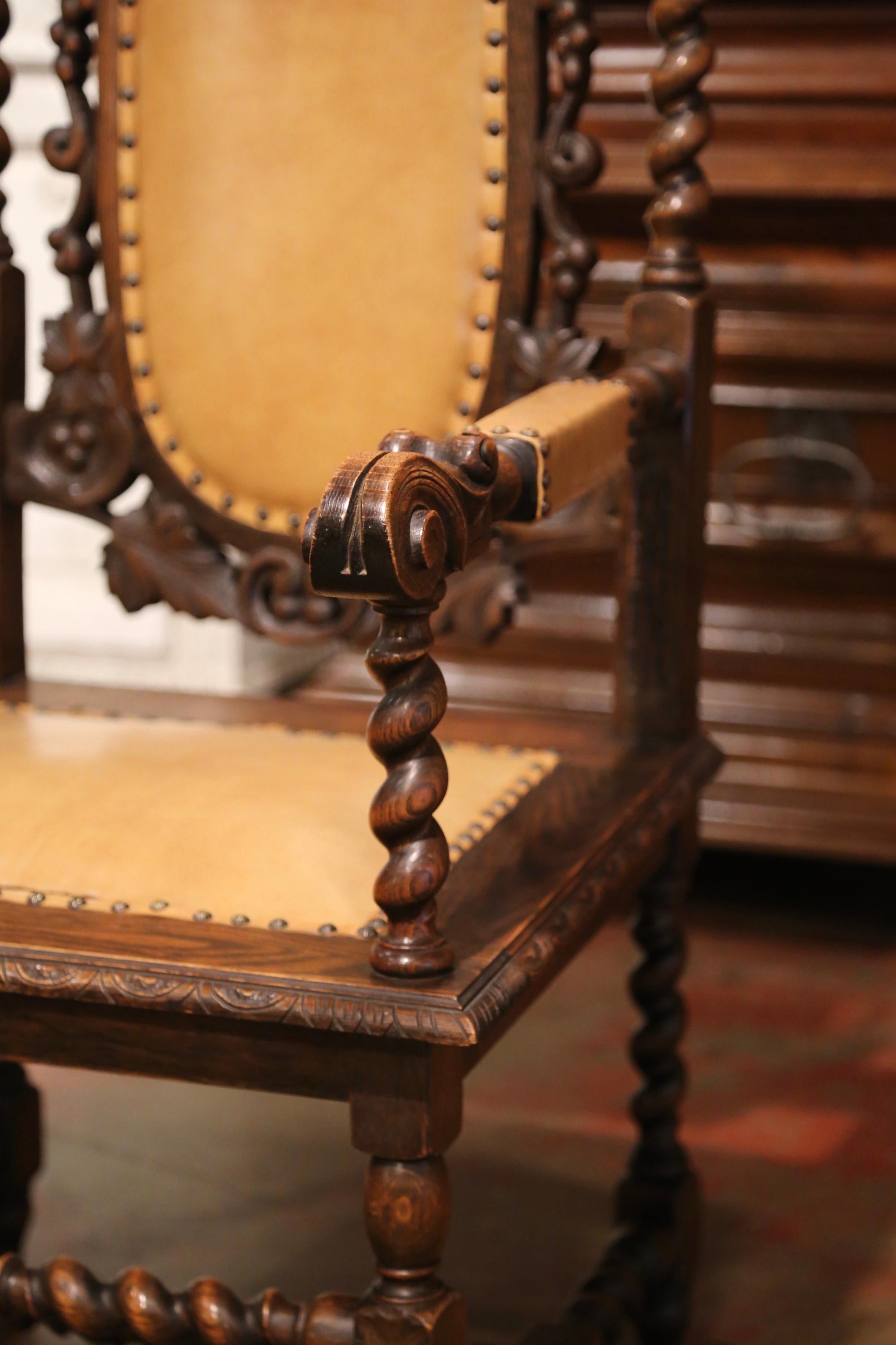 Hand-Carved 19th Century Louis XIII Style Carved Oak and Leather Armchair by Karpen For Sale