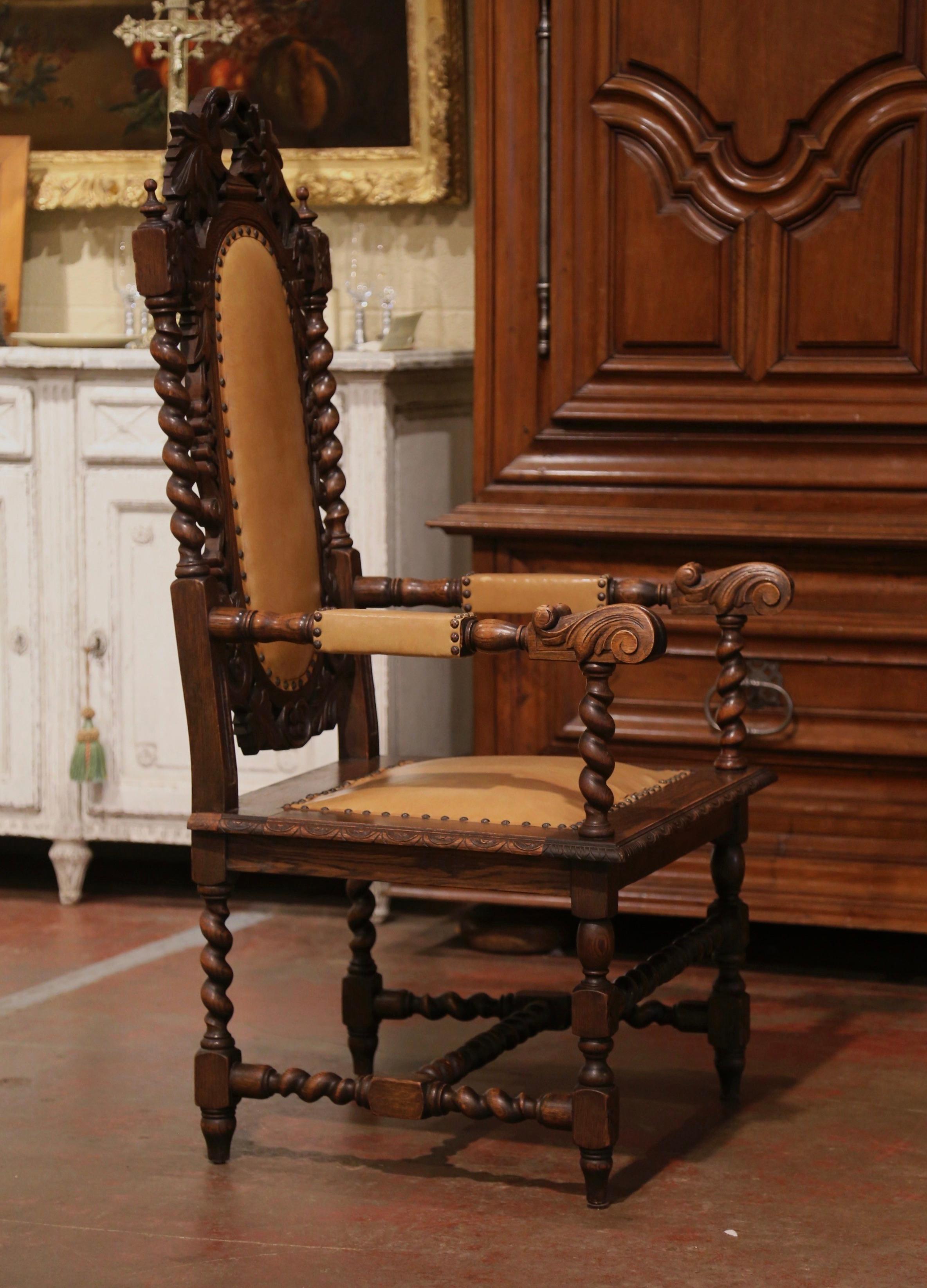 Sessel aus geschnitzter Eiche und Leder im Louis-XIII-Stil des 19. Jahrhunderts von Karpen im Angebot 2