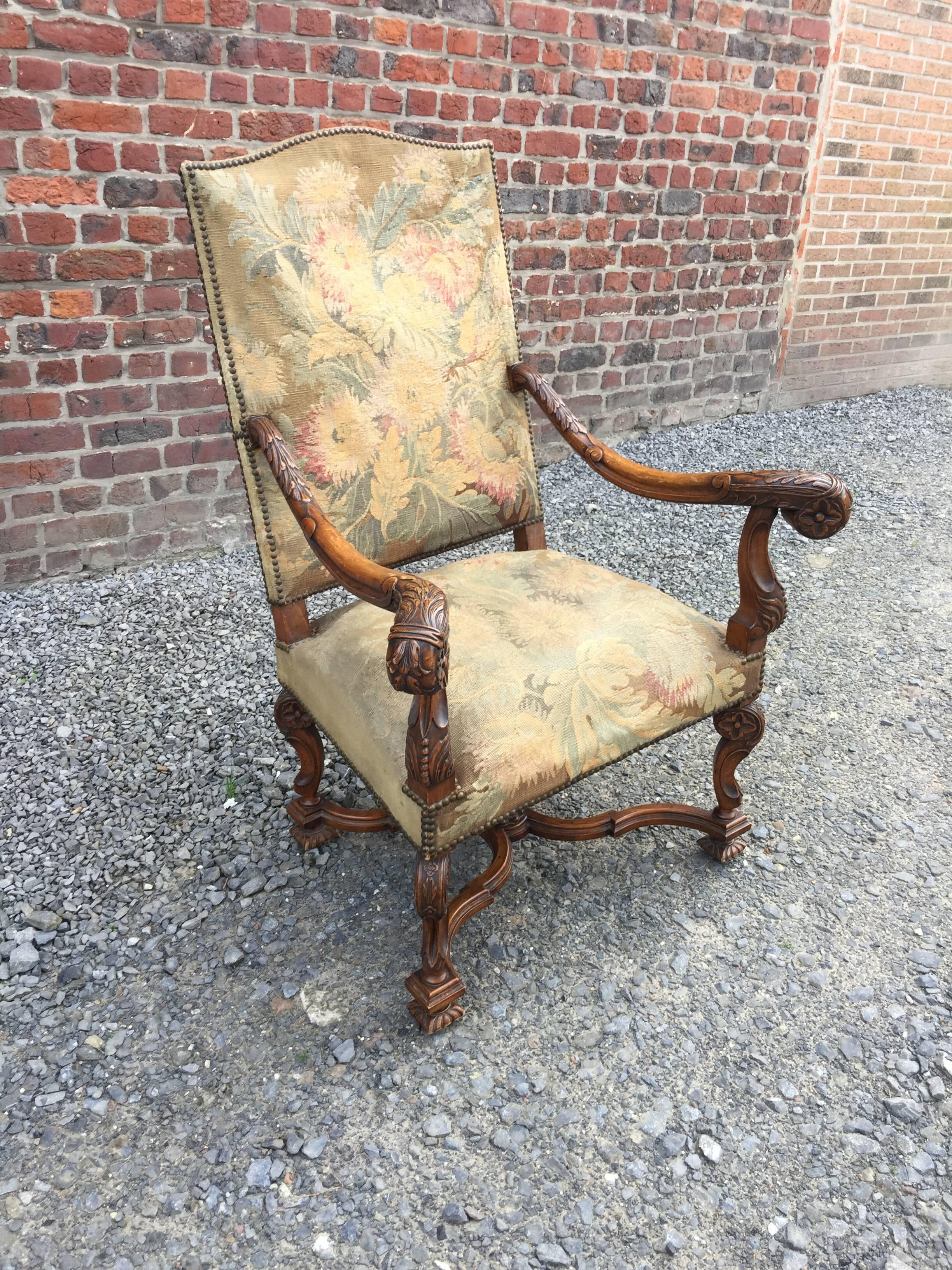 Tapestry 19th Century Louis XIII Style  Throne Armchair For Sale