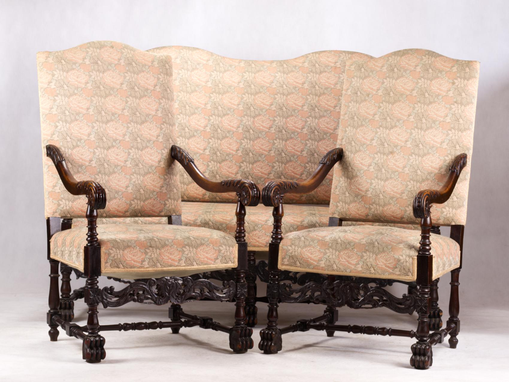 Late 19th century antique throne chairs and sofa in hand carved oak in the Louis XIII style with carved acanthus-leaf on scrolled arms & feet, and 