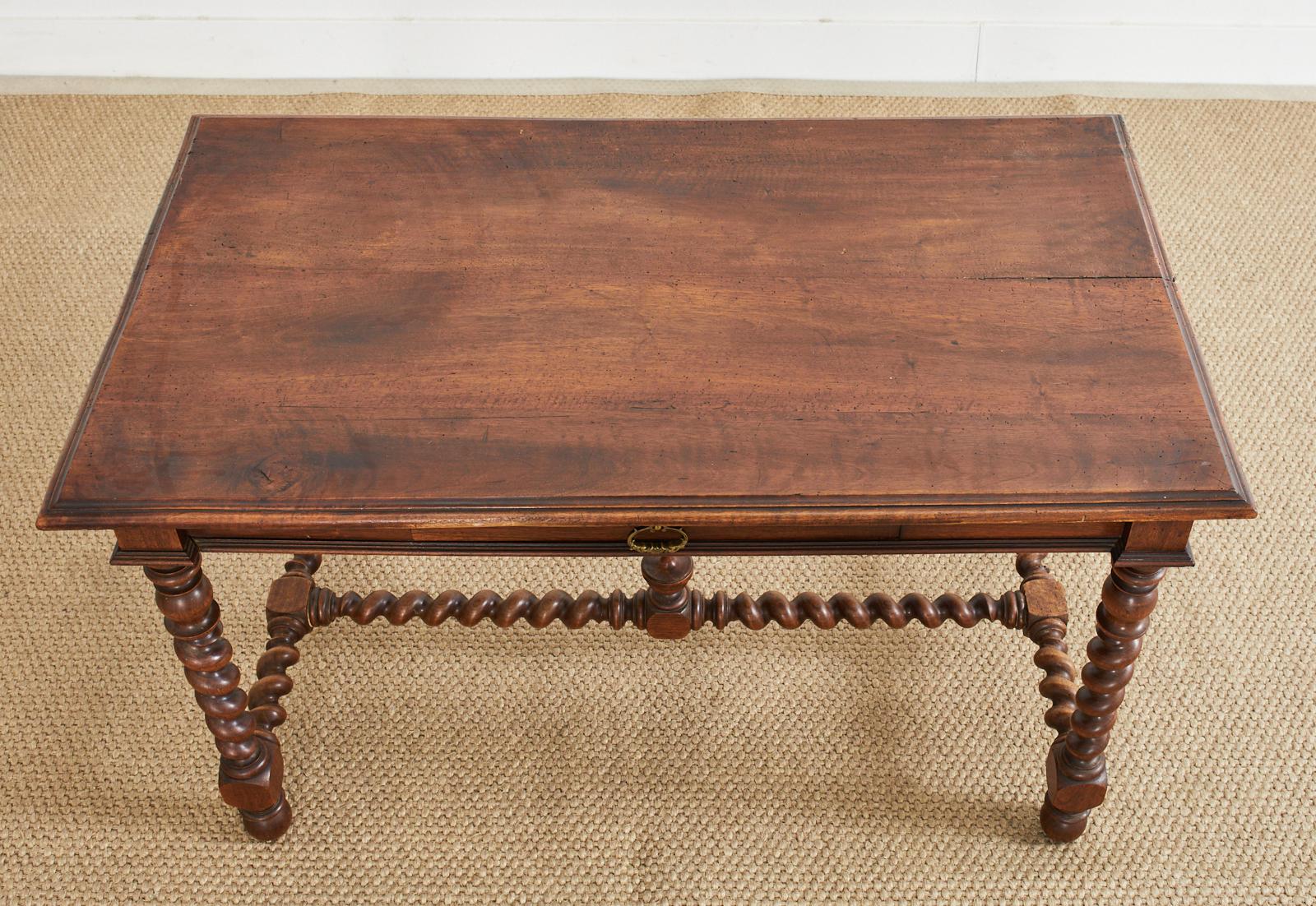 Hand-Crafted 19th Century Louis XIII Style Walnut Barley Twist Library Table