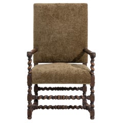 19th Century Louis XIII Style Wooden Throne Chair with Upholstery Mustard