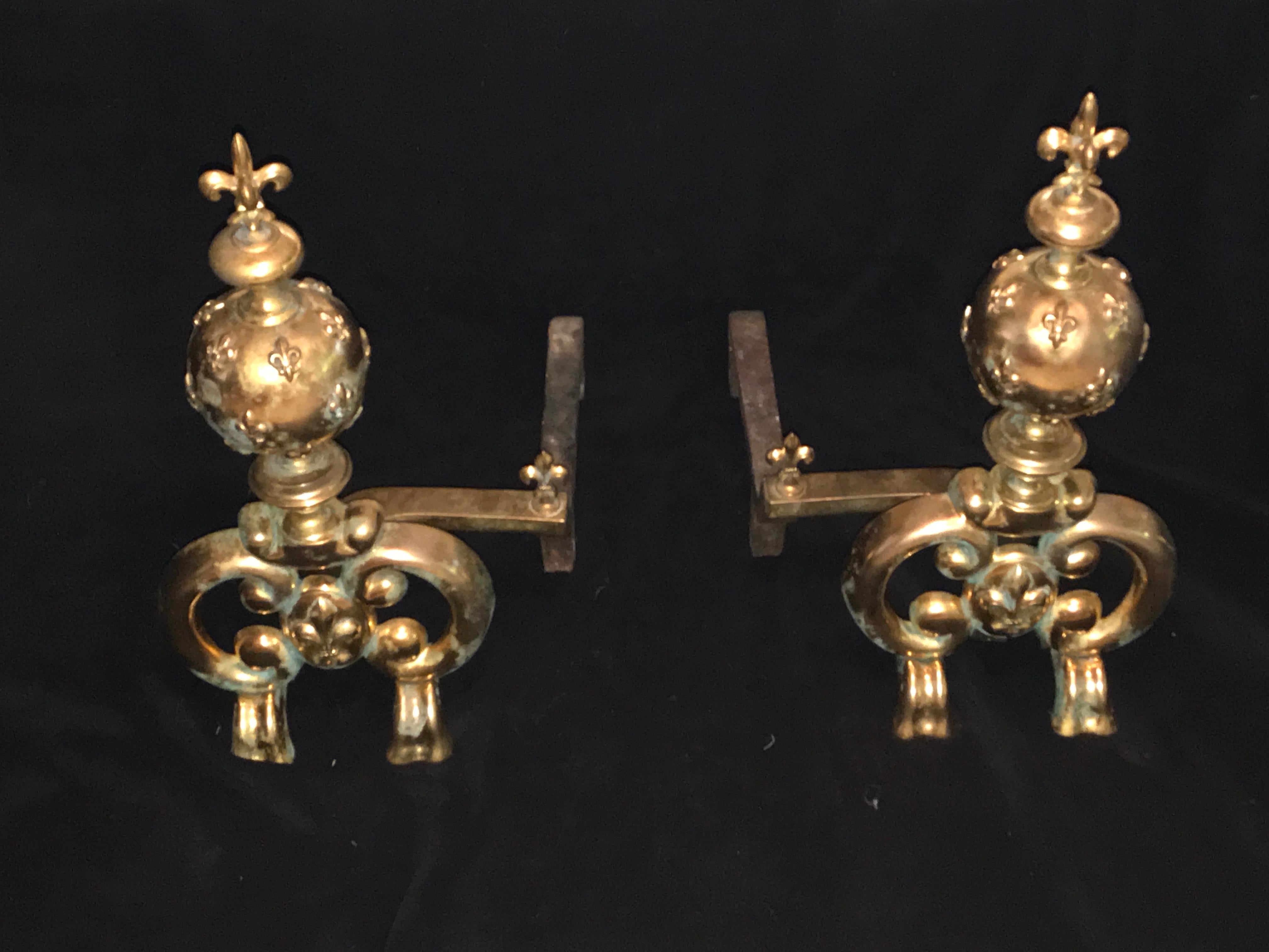 19th Century Louis XIV Andirons of Gilt Bronze, Large with Fleur de Lys France For Sale 1