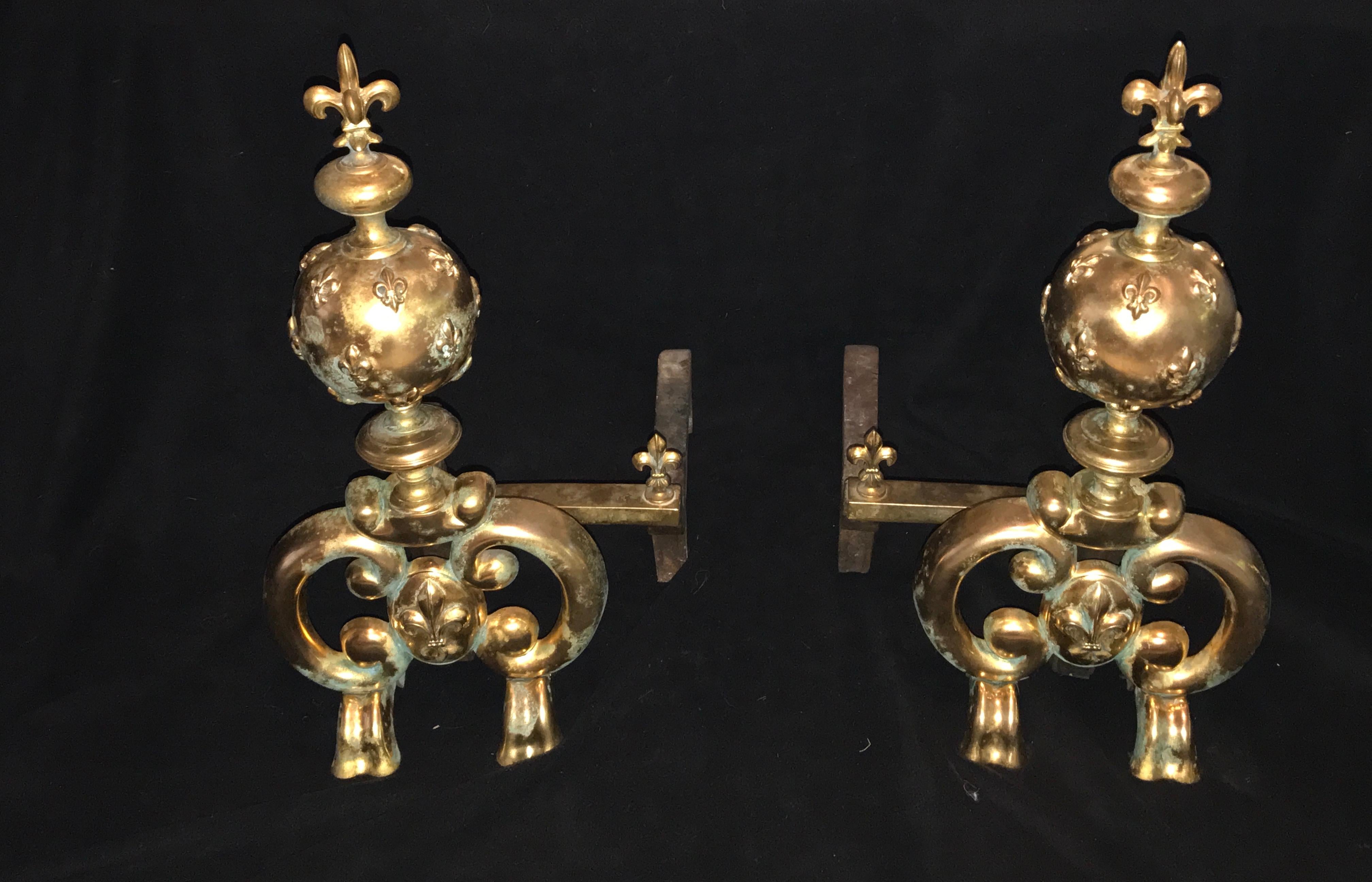 19th Century Louis XIV Andirons of Gilt Bronze, Large with Fleur de Lys France For Sale 2