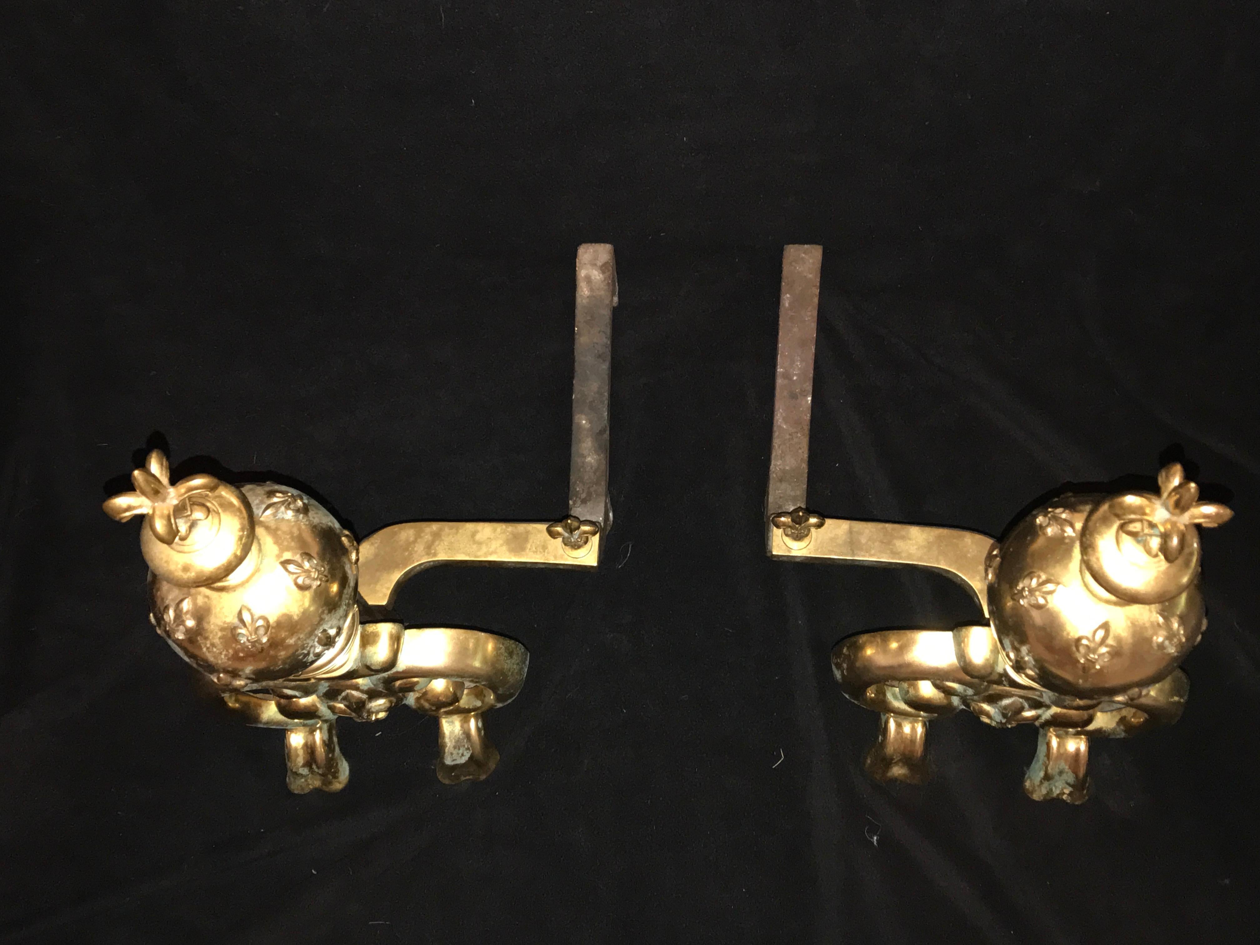 19th Century Louis XIV Andirons of Gilt Bronze, Large with Fleur de Lys France For Sale 3