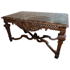 19th Century Louis XIV Italian Carved Wood Console Table with Green Marble Top