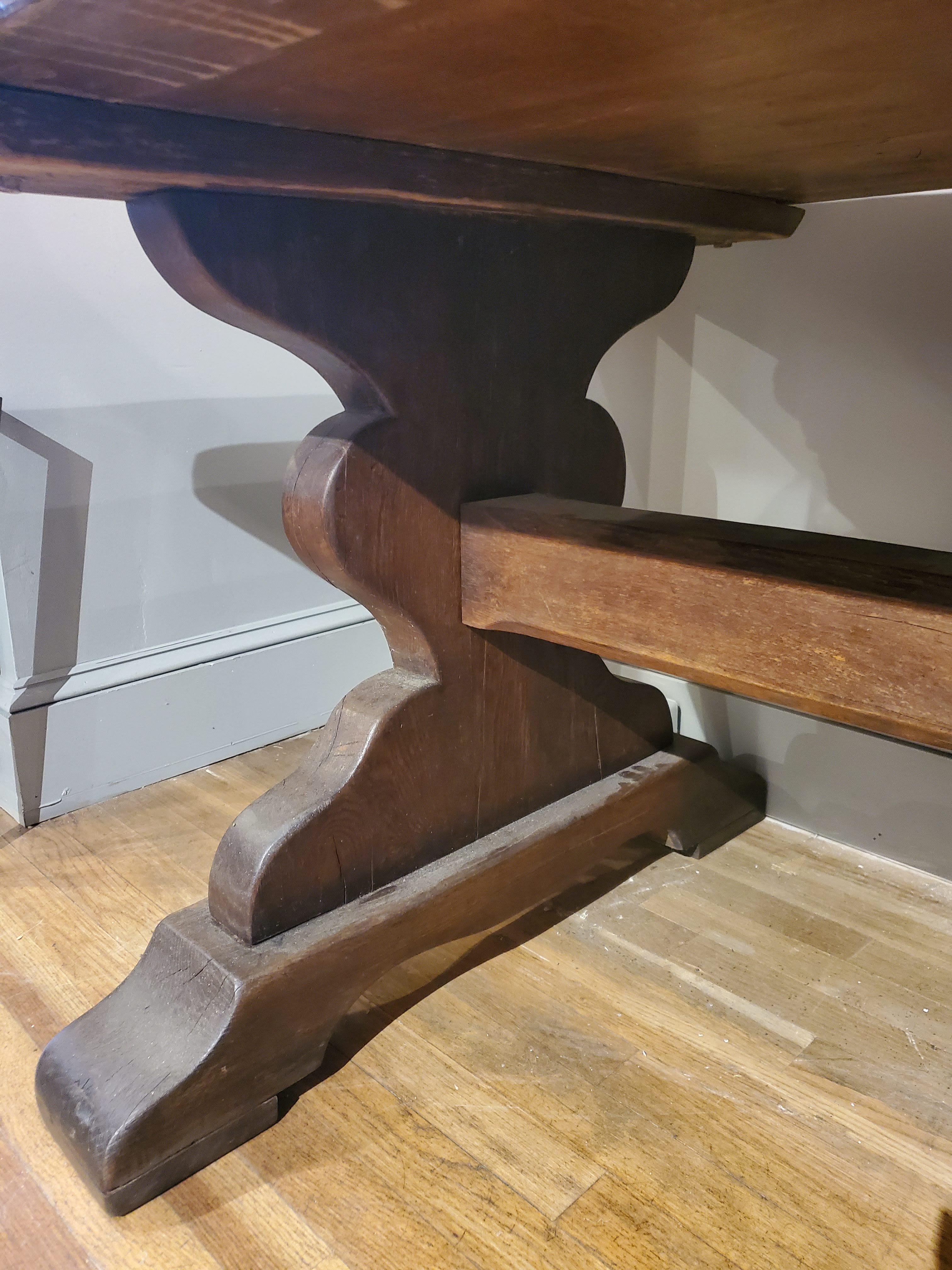 19th Century Louis XIV Style French Provincial Dark Oak Trestle Table  In Good Condition In Middleburg, VA