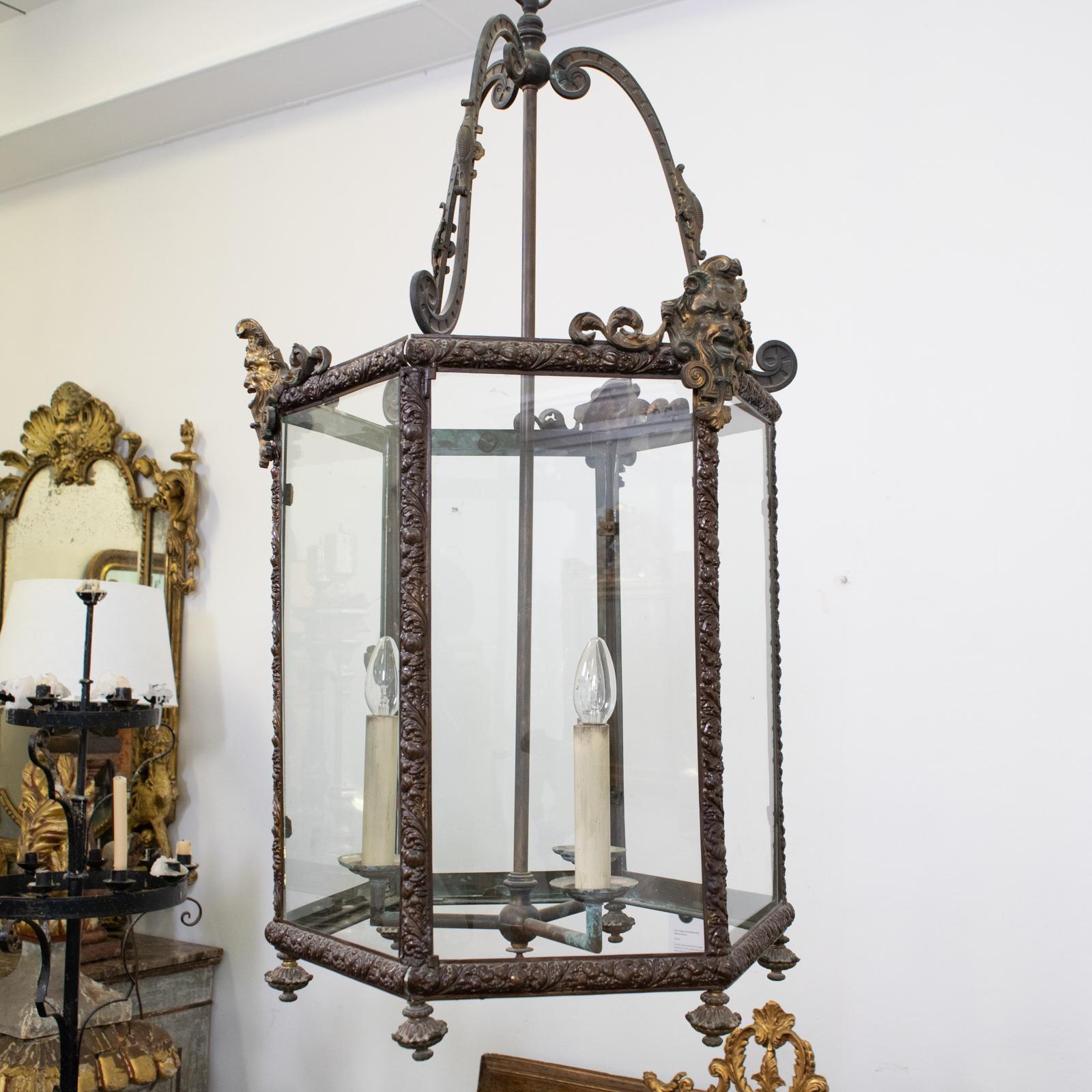 19th Century Louis XIV Style Repousse Brass and Ormolu Hexagonal Lantern For Sale 2