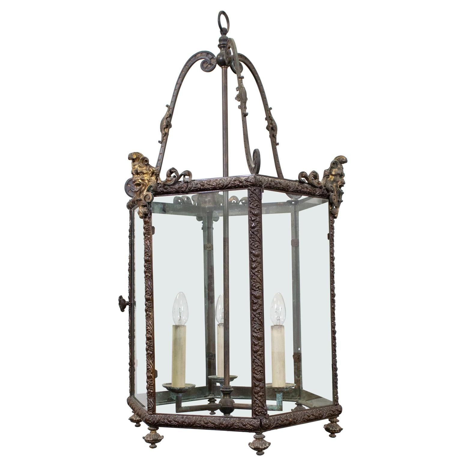 19th Century Louis XIV Style Repousse Brass and Ormolu Hexagonal Lantern For Sale