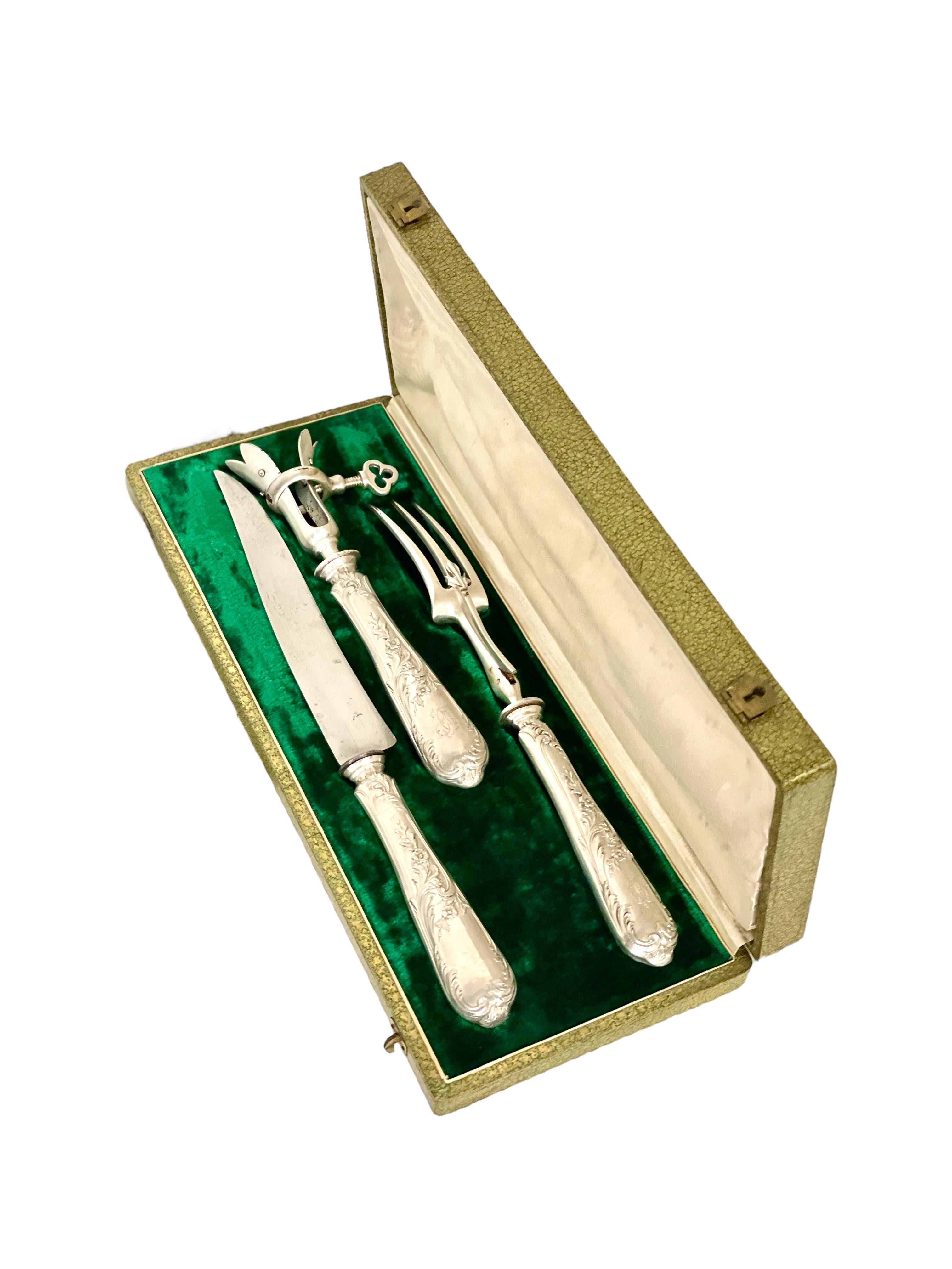 19th Century French Louis XIV Style Gigot Lamb Silver Plated Carving Set For Sale 4