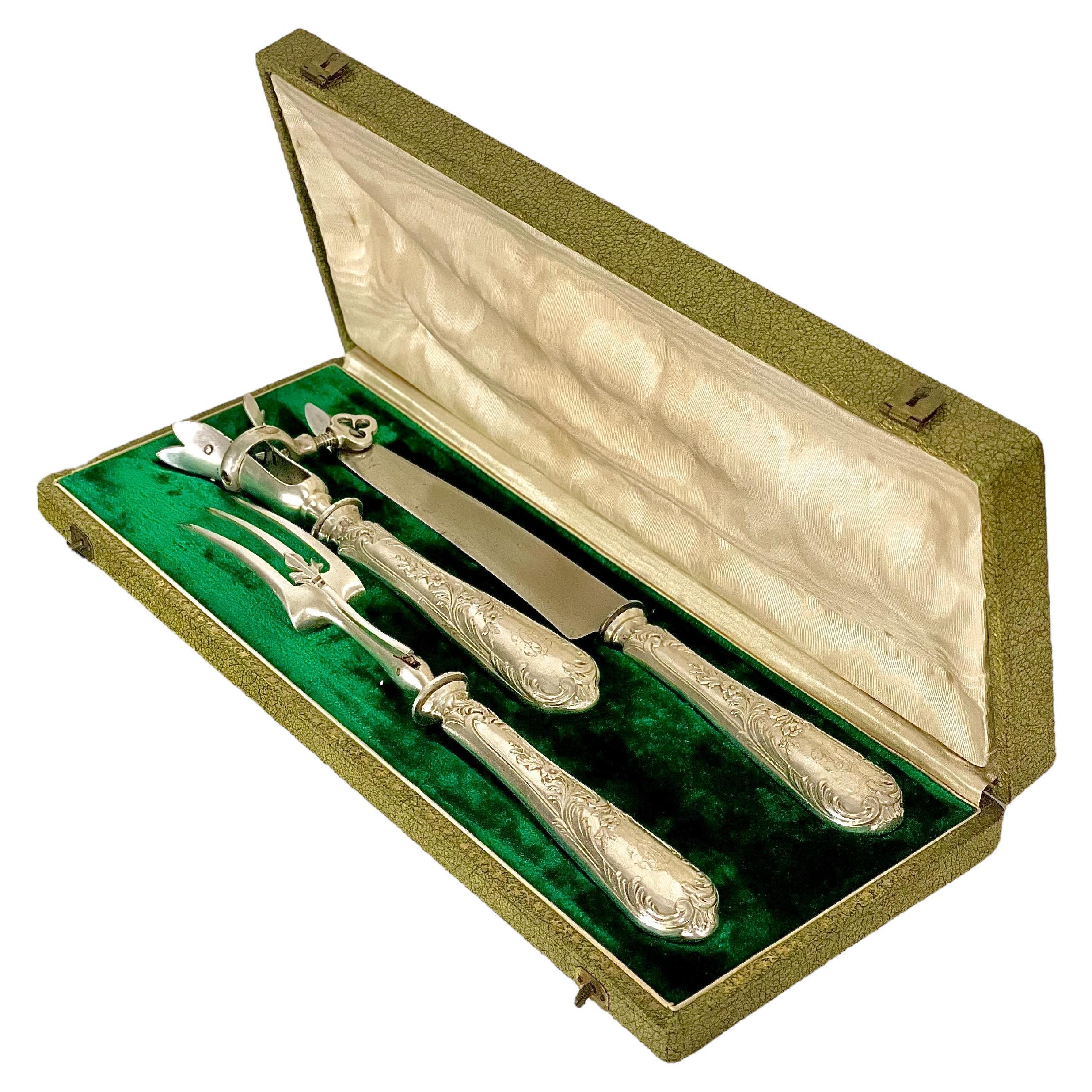 19th Century French Louis XIV Style Gigot Lamb Silver Plated Carving Set For Sale