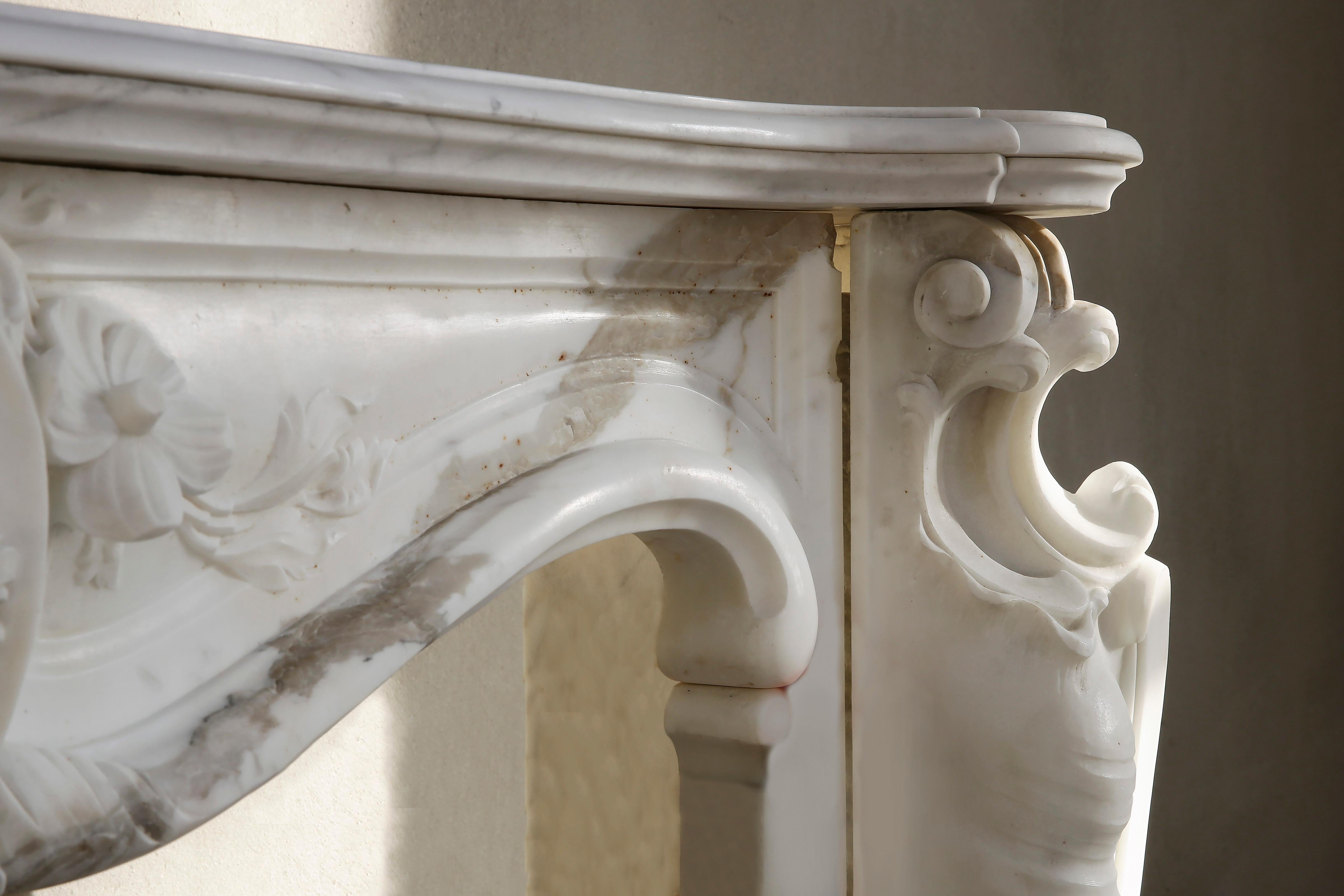 French 19th Century, Louis XV Antique Statuario Marble Fireplace For Sale