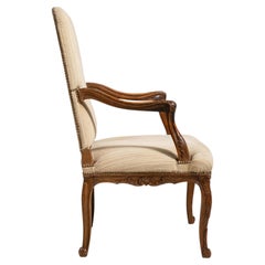 19th Century Louis XV Armchair, Honey Brown Oak, Woven Fabric, France