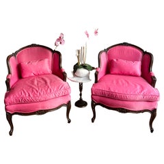 Pair of Antique French Bergere Fauteuil Walnut Framed Chairs in Pink Silk