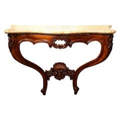 19th Century Louis XV Carved Bombe Walnut Console Table with Beige Marble Top