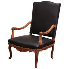 Antique 19th Century Louis XV Carved Walnut and Black Leather Armchair from Provence