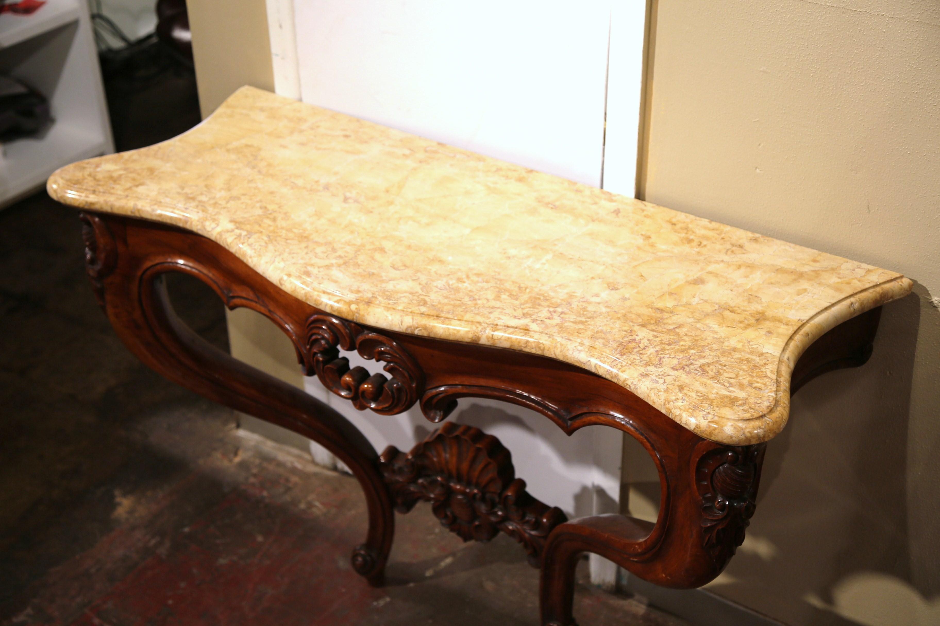 French 19th Century Louis XV Carved Bombe Walnut Console Table with Beige Marble Top