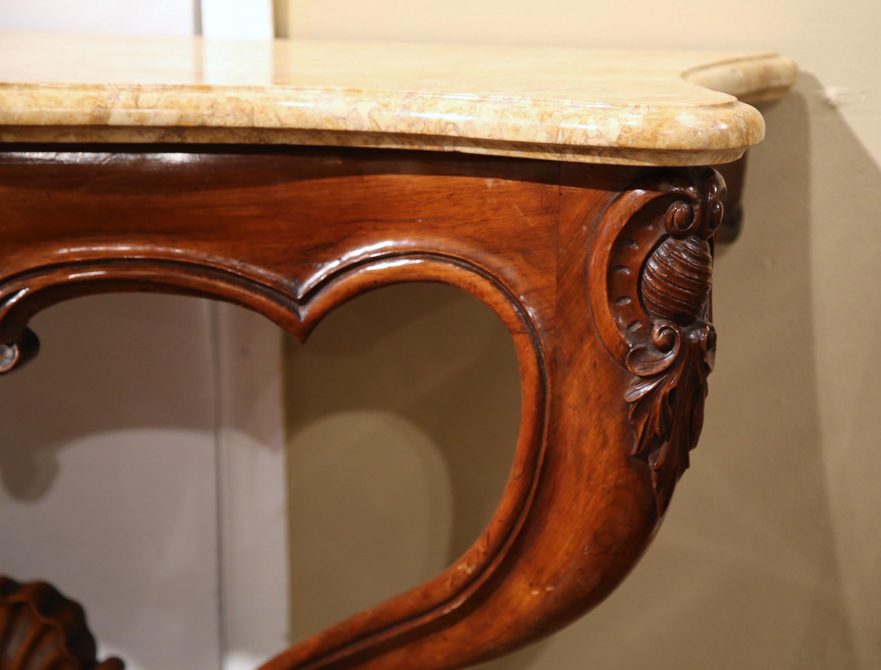 Hand-Carved 19th Century Louis XV Carved Bombe Walnut Console Table with Beige Marble Top