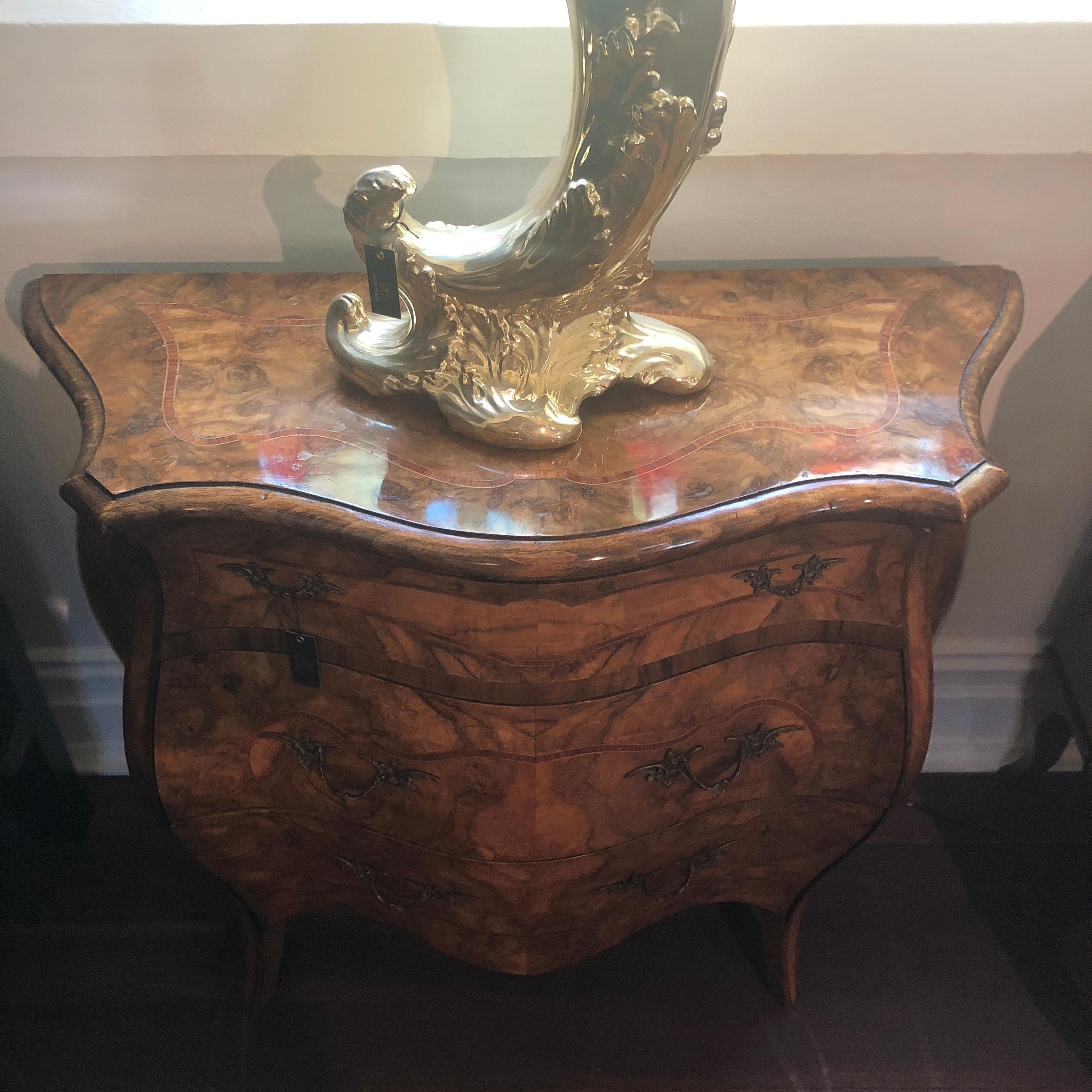 19th Century, Louis XV French Burl Walnut Bombe Commode 1