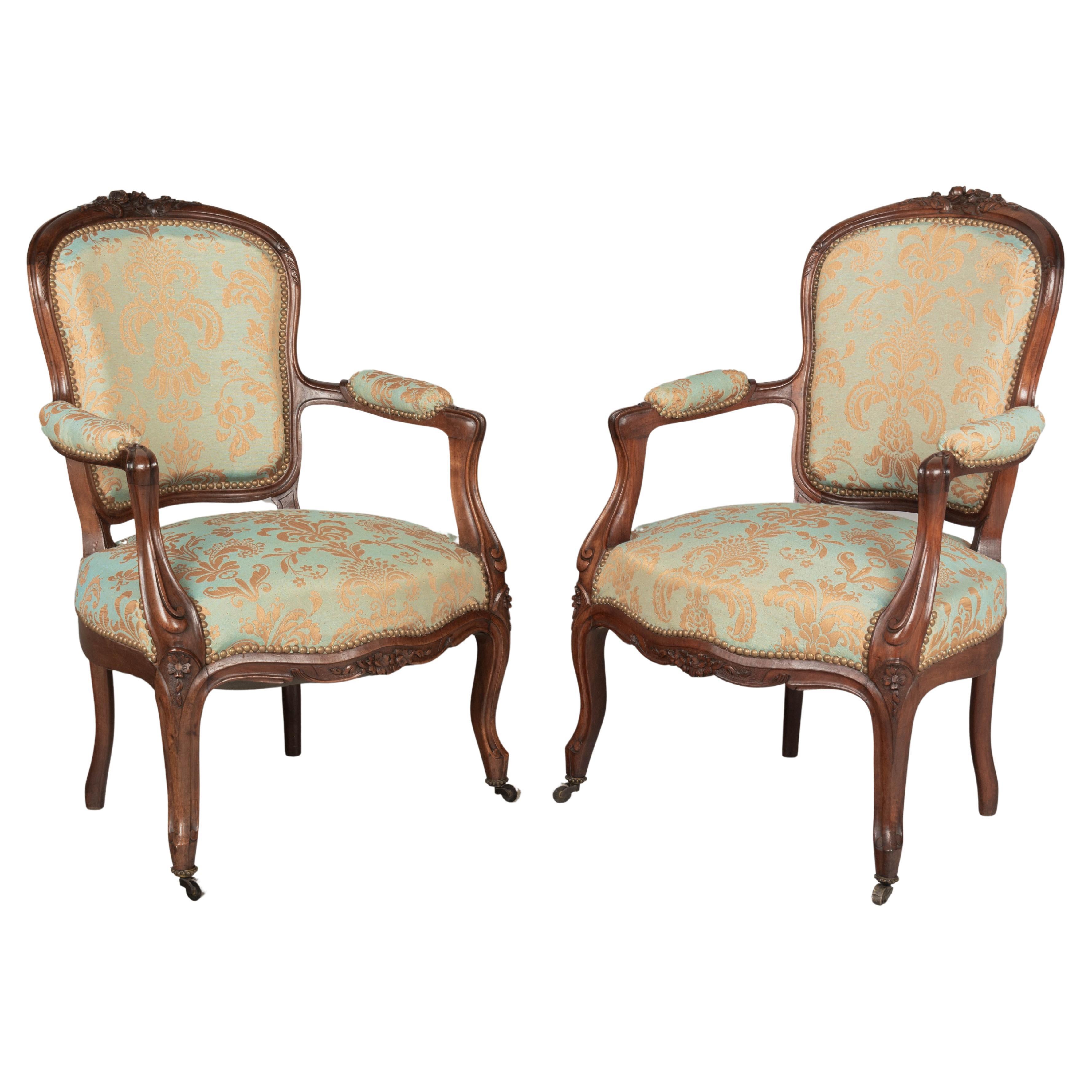19th Century Louis XV French Fauteuil Armchairs, a Pair