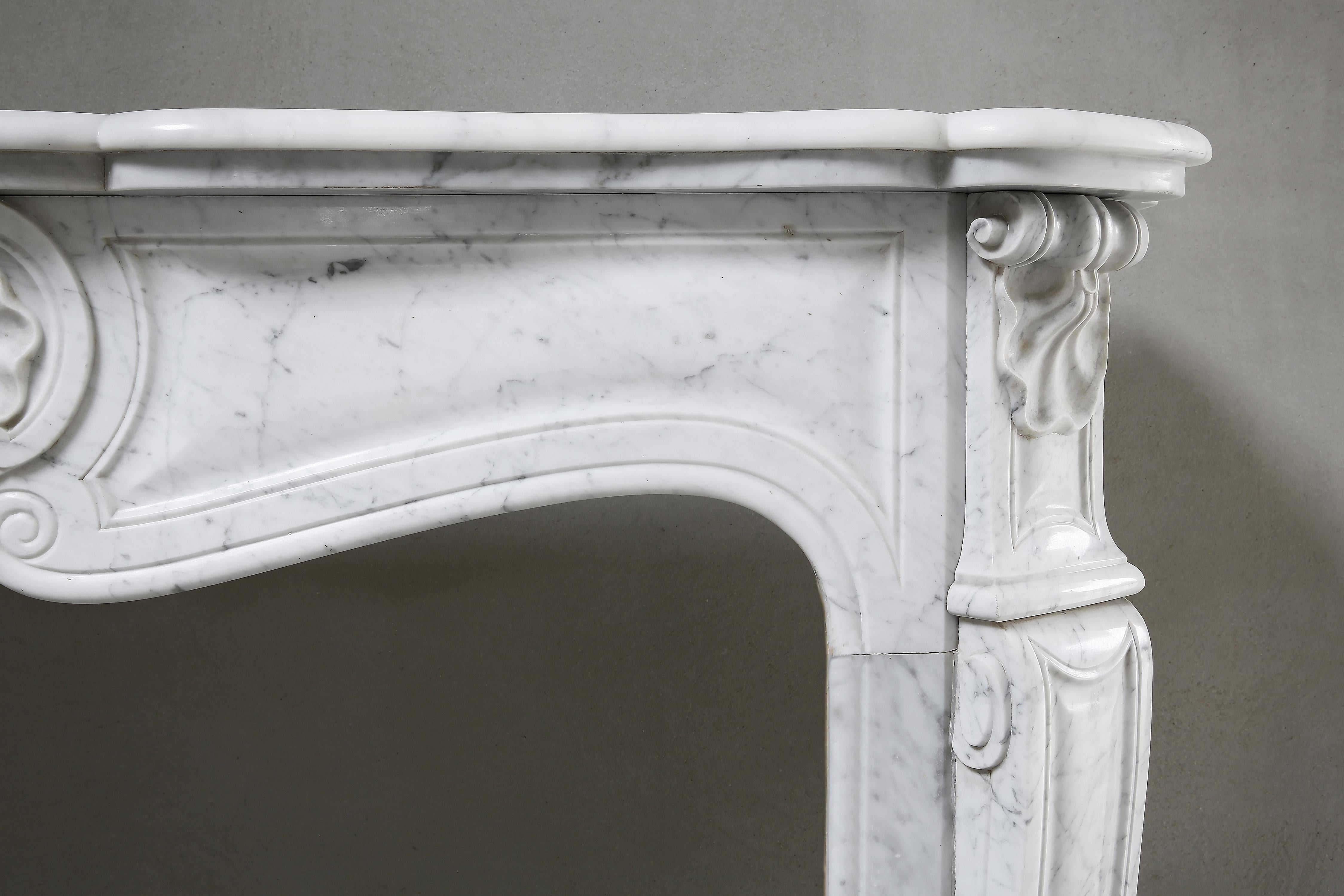 French 20th Century Louis XV Antique Fireplace Mantel Surround of Carrara Marble