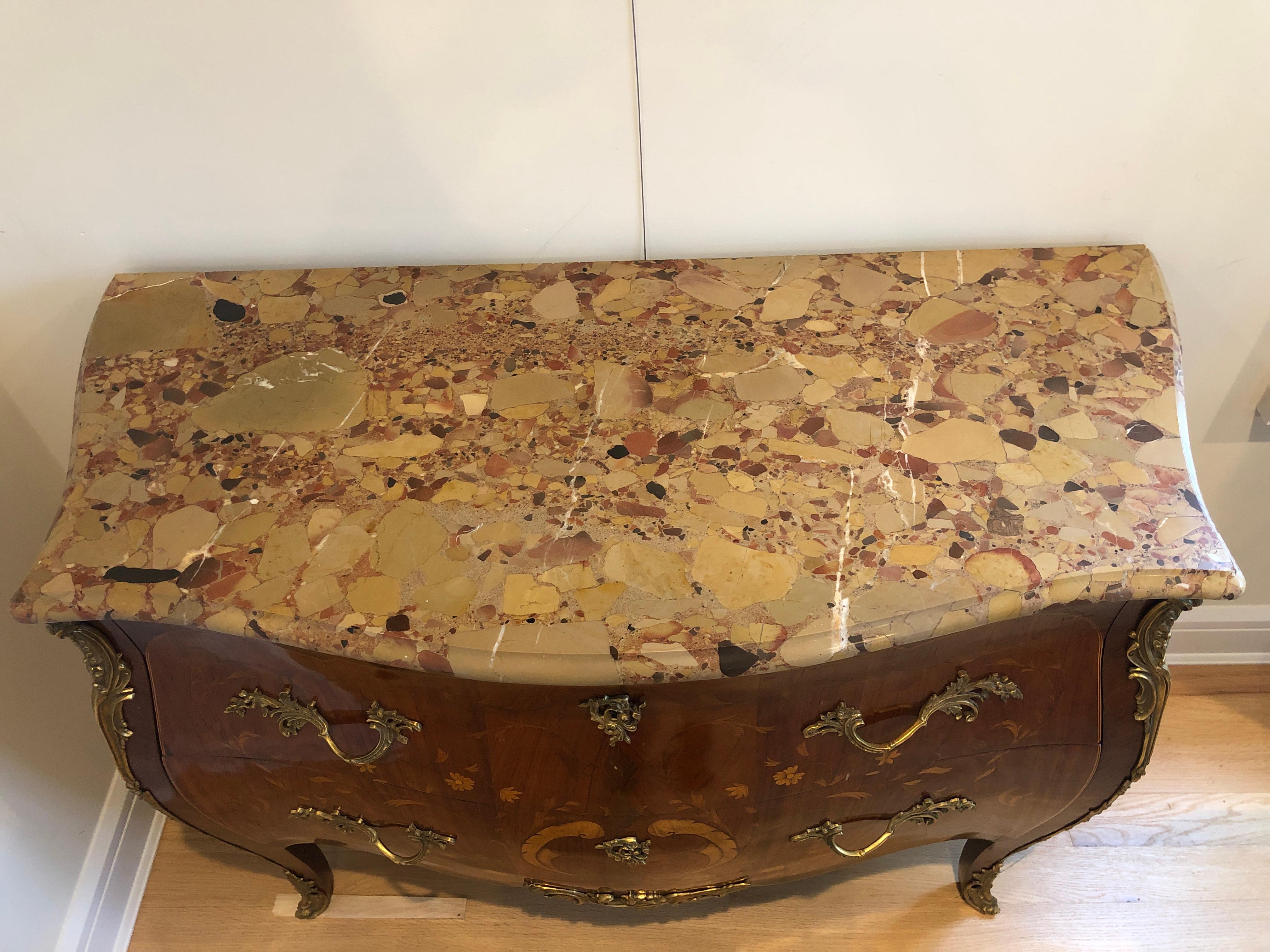 Mahogany 19th Century Louis XV Marble Top Marquetry Commode For Sale