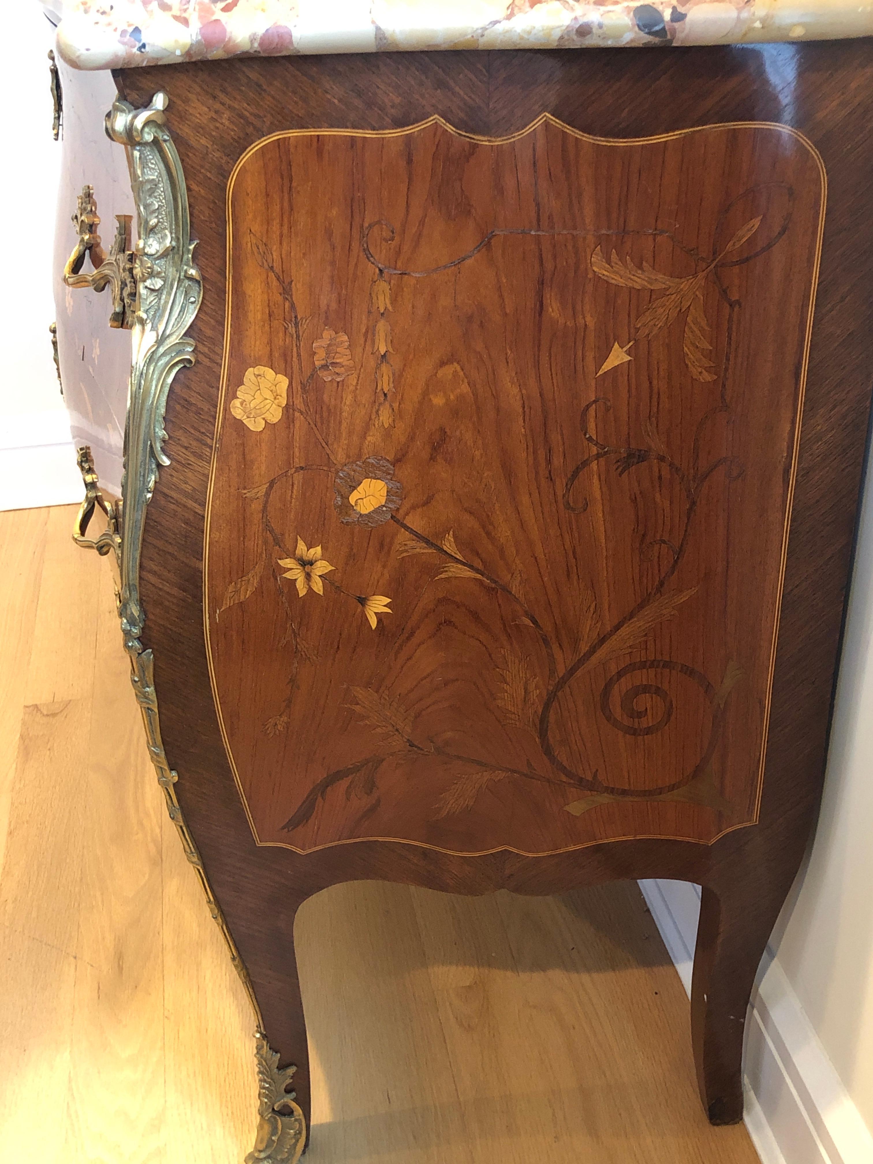 19th Century Louis XV Marble Top Marquetry Commode For Sale 1