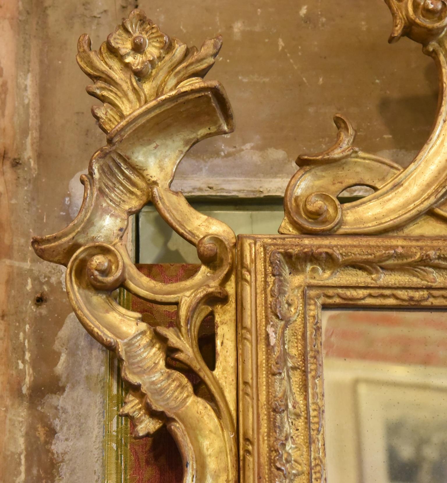 Italian 19th century Louis XV Mirror Carved Gilded Wood Antique Mirror in Mercury, 1800s For Sale