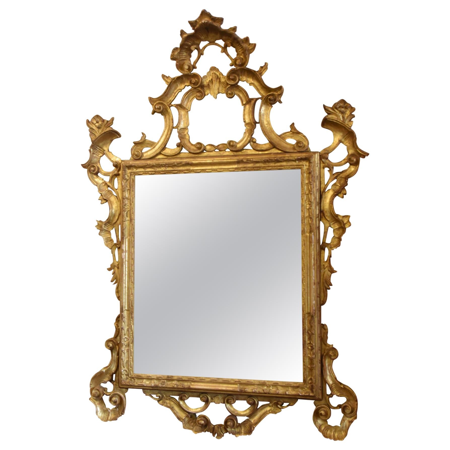 19th century Louis XV Mirror Carved Gilded Wood Antique Mirror in Mercury, 1800s For Sale