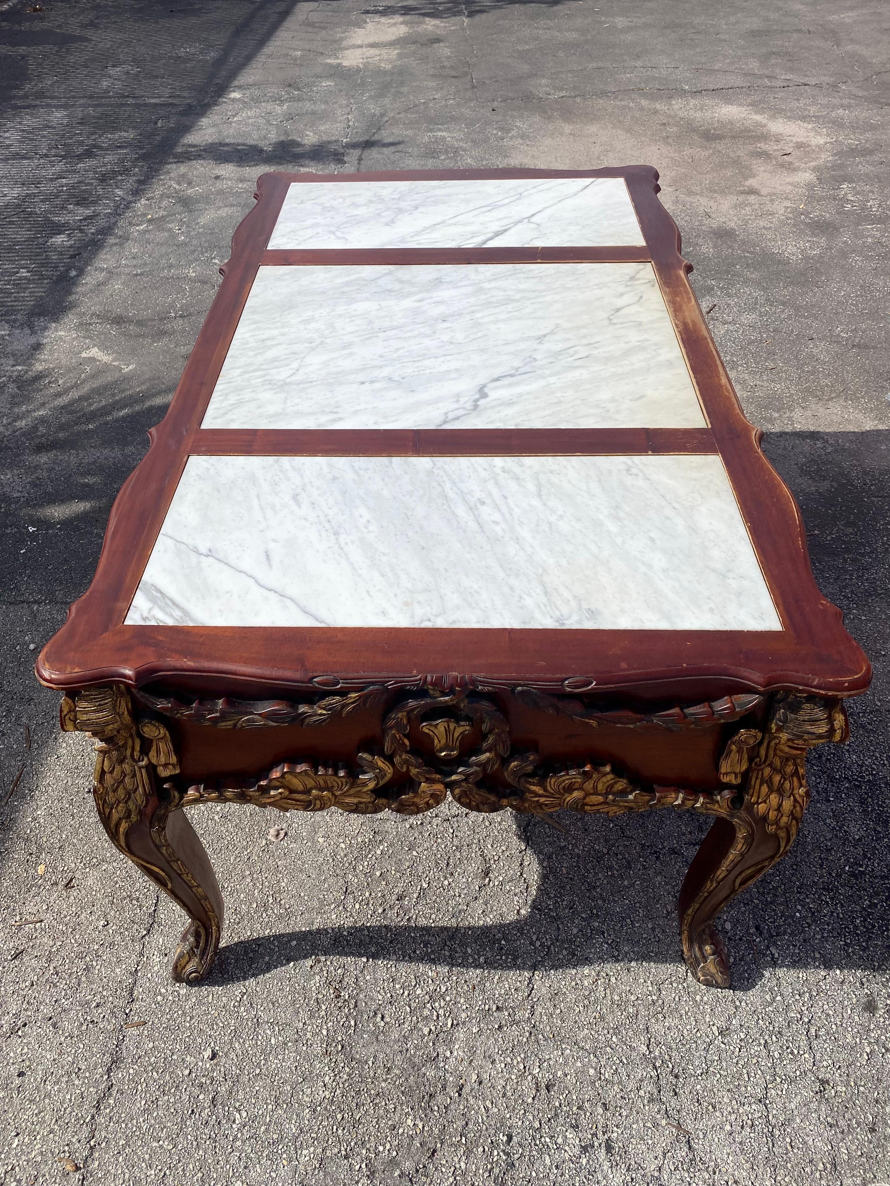 19th Century Louis XV Monumental Solid Carved Gilt Wood Marble Desk For Sale 7