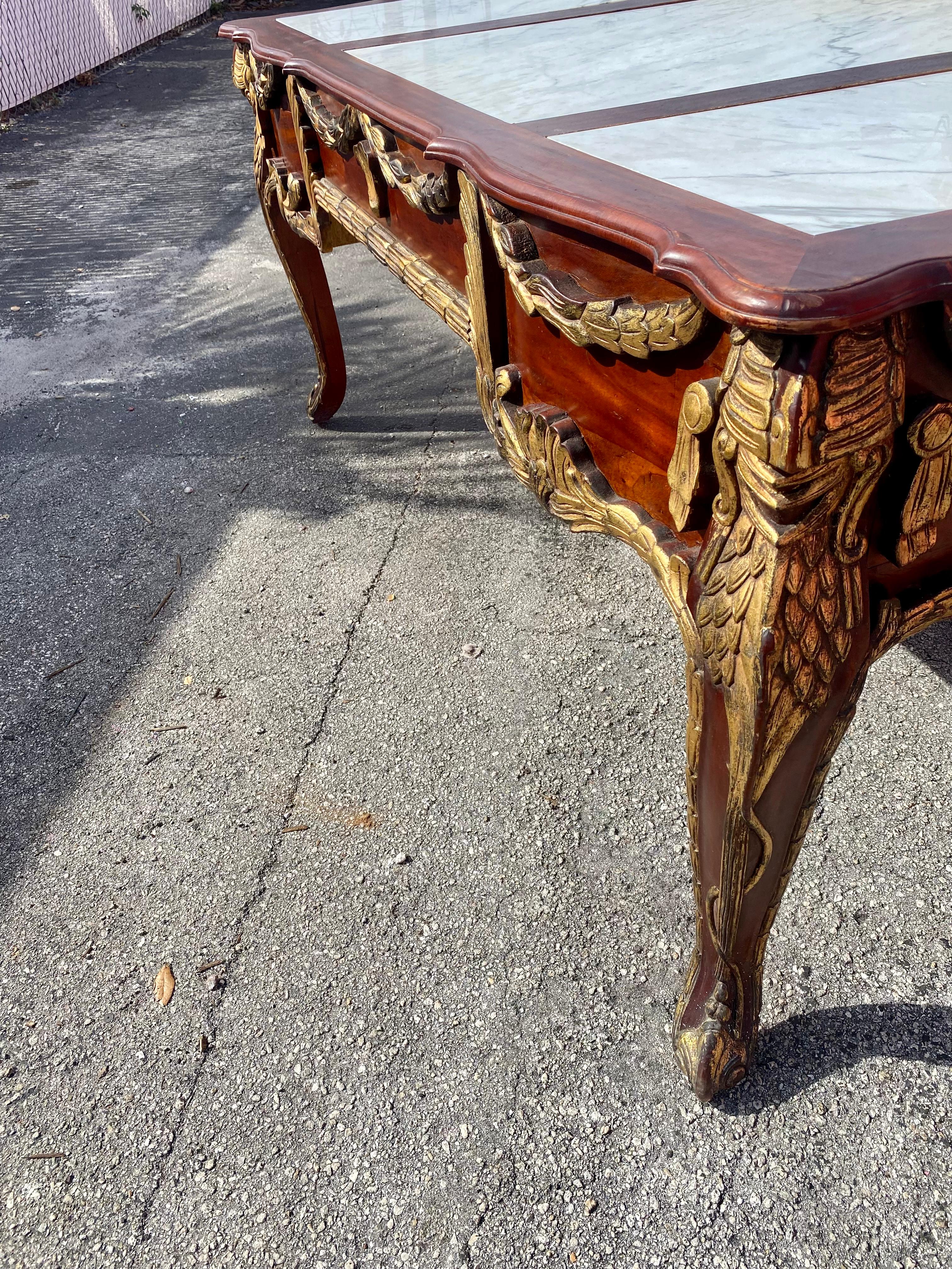 19th Century Louis XV Monumental Solid Carved Gilt Wood Marble Desk For Sale 15