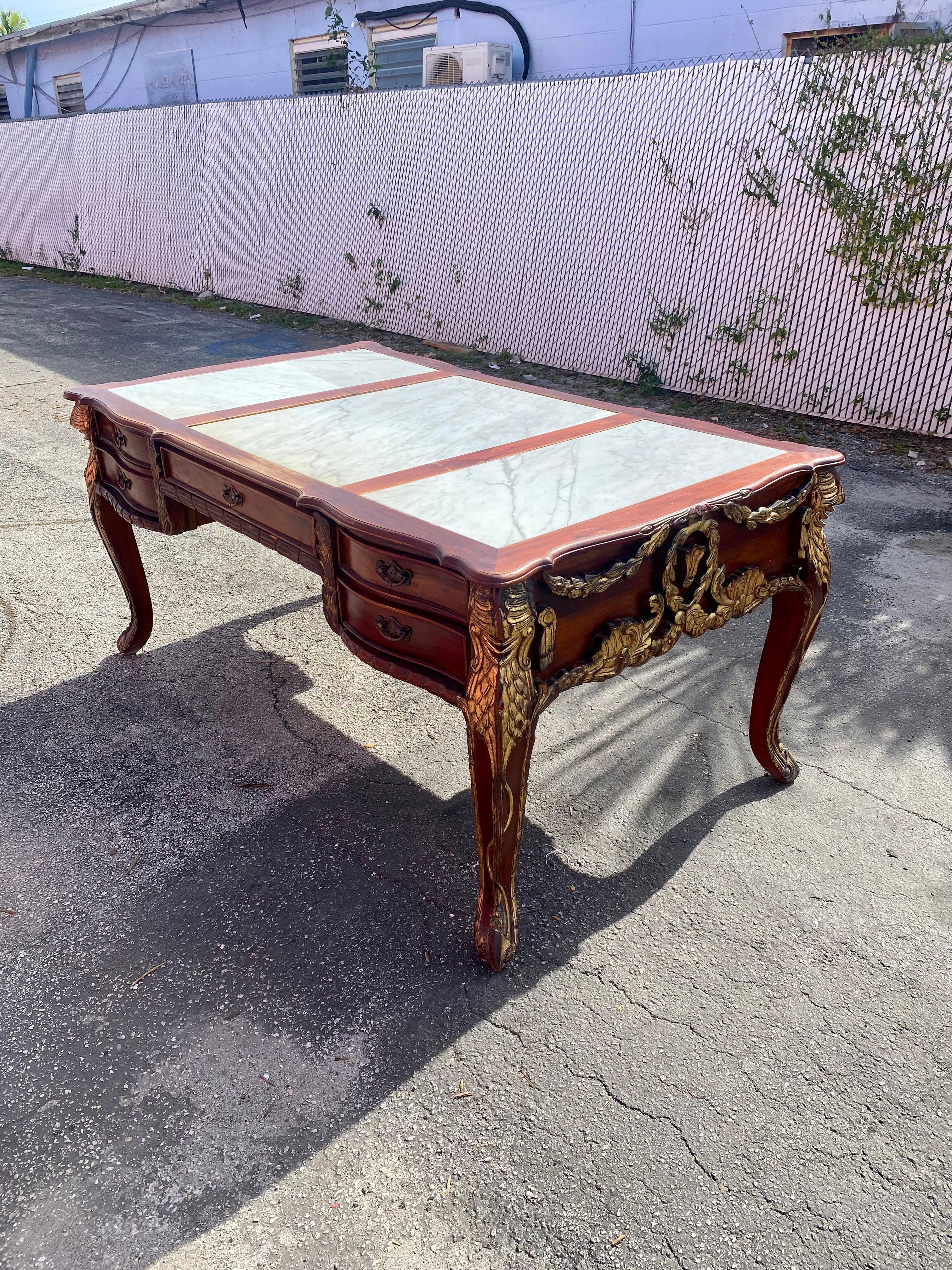 19th Century Louis XV Monumental Solid Carved Gilt Wood Marble Desk For Sale 16