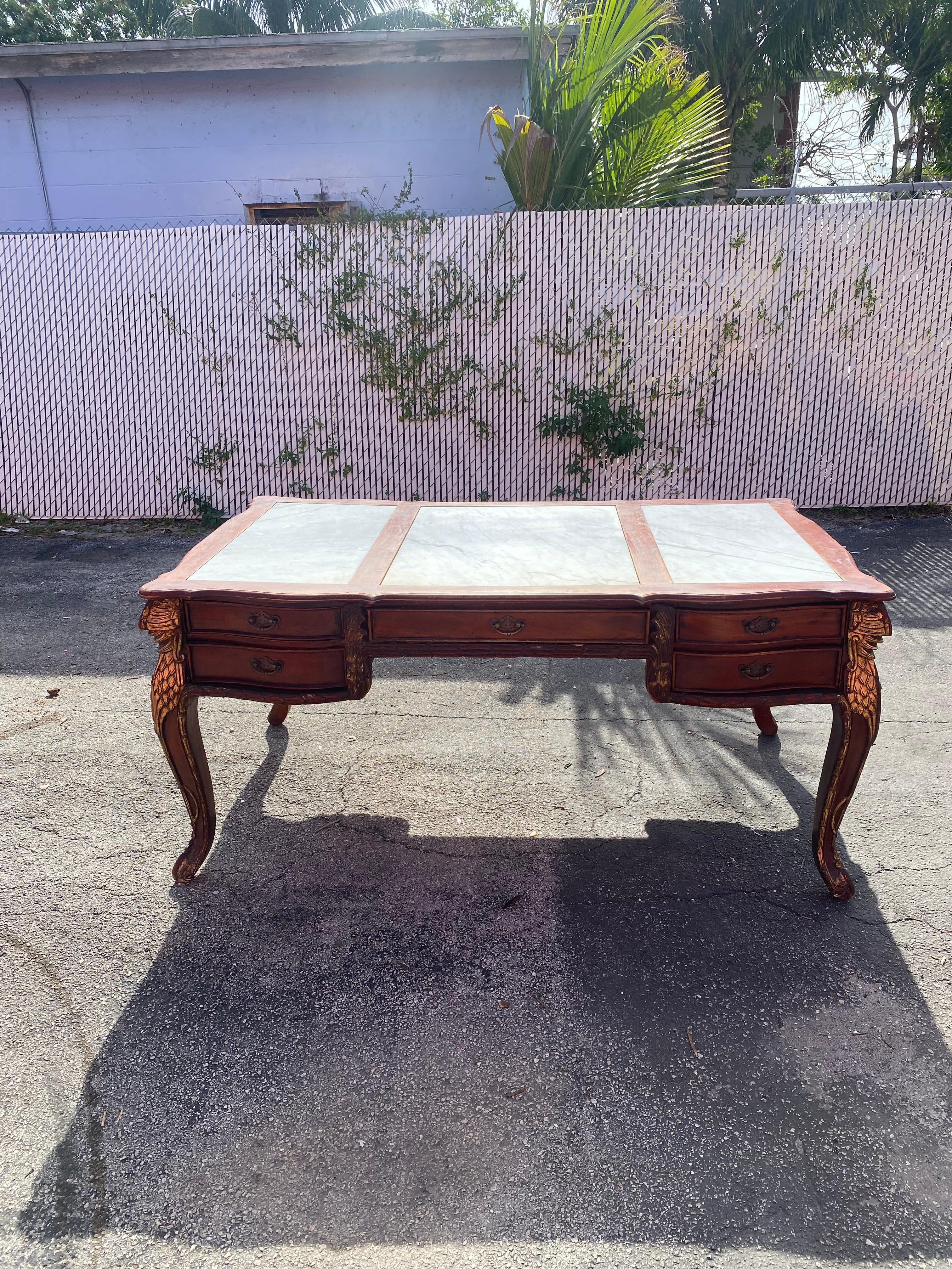 French 19th Century Louis XV Monumental Solid Carved Gilt Wood Marble Desk For Sale