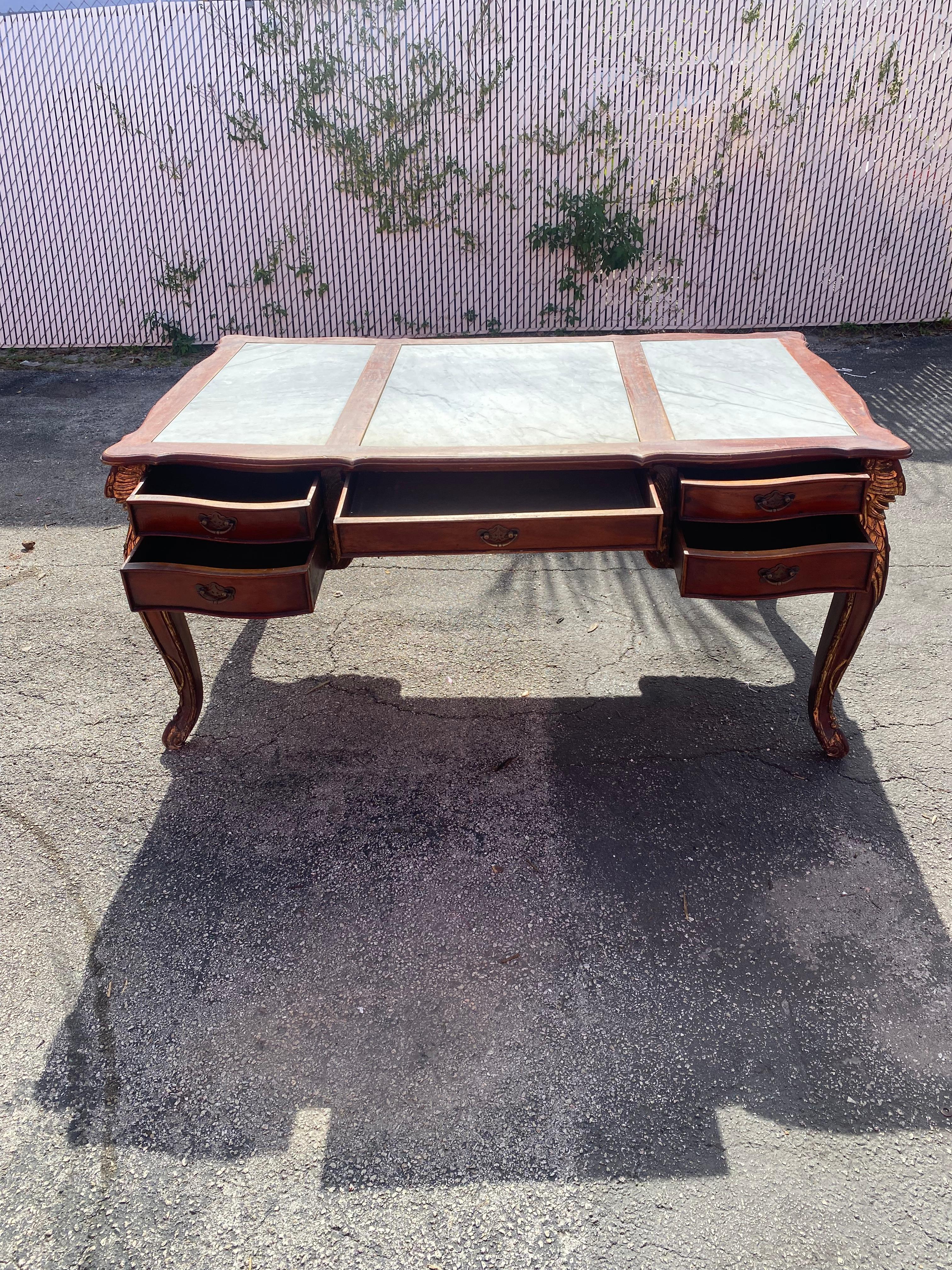 19th Century Louis XV Monumental Solid Carved Gilt Wood Marble Desk In Good Condition For Sale In Fort Lauderdale, FL