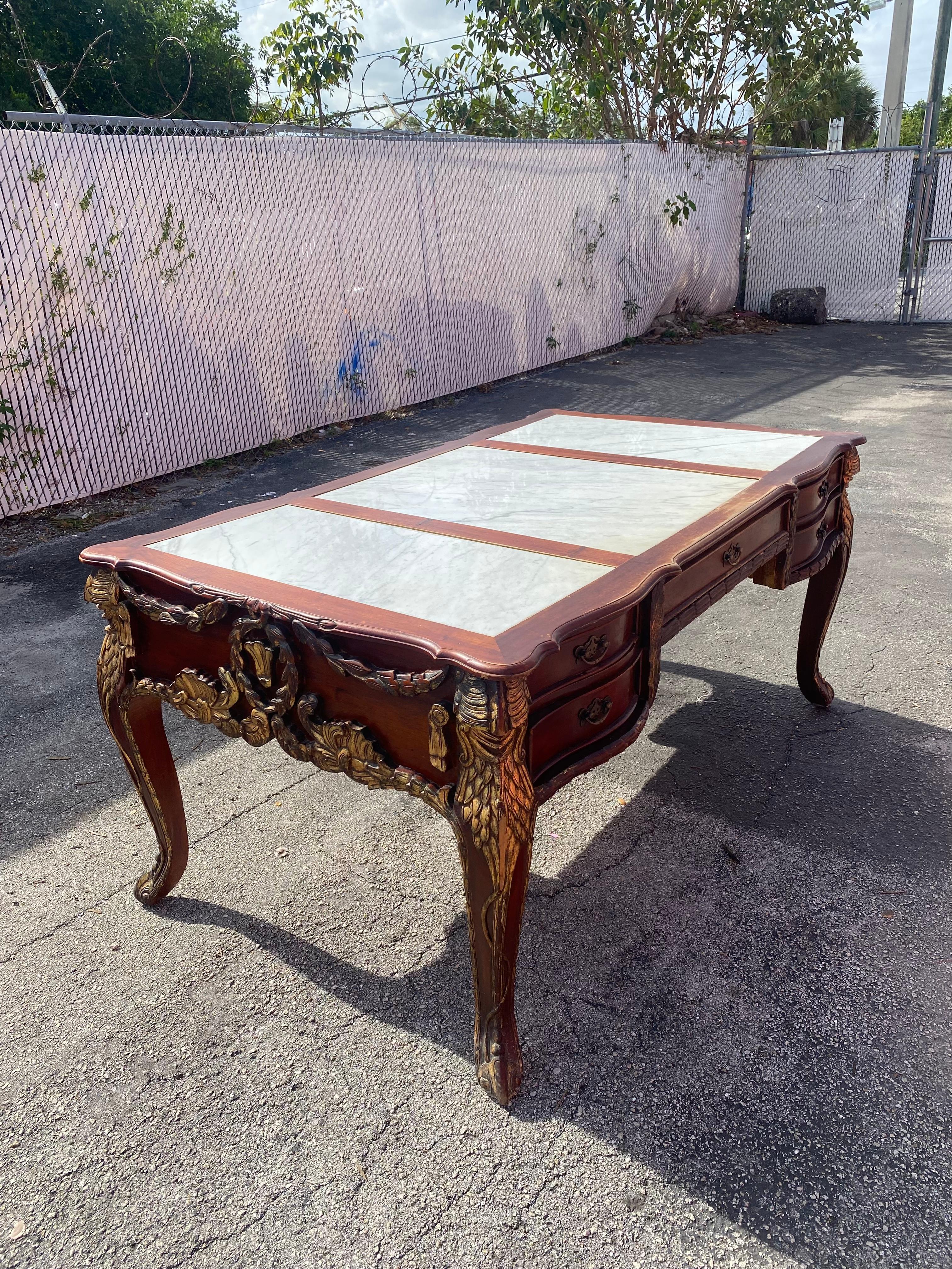 19th Century Louis XV Monumental Solid Carved Gilt Wood Marble Desk For Sale 1