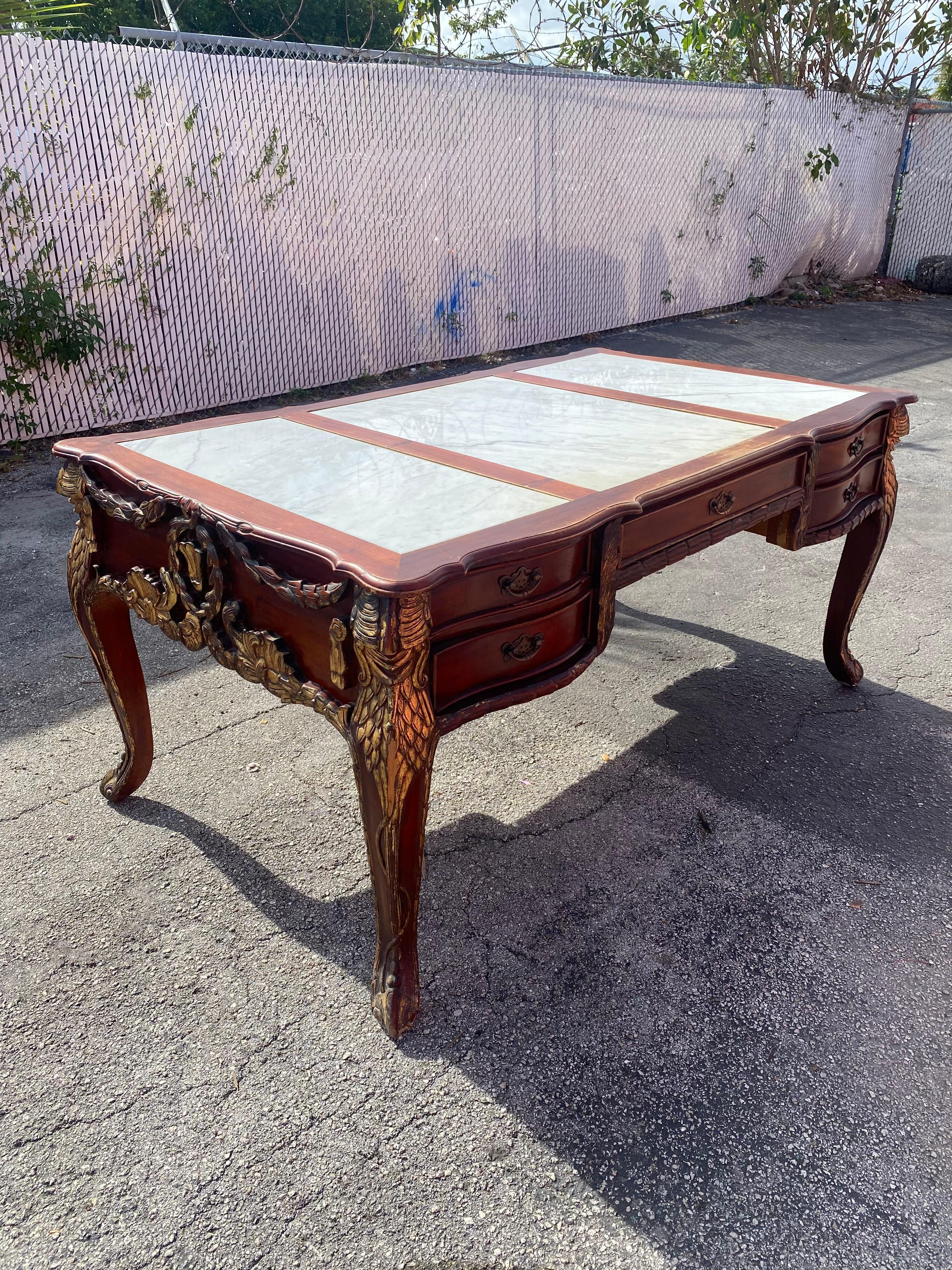 19th Century Louis XV Monumental Solid Carved Gilt Wood Marble Desk For Sale 2