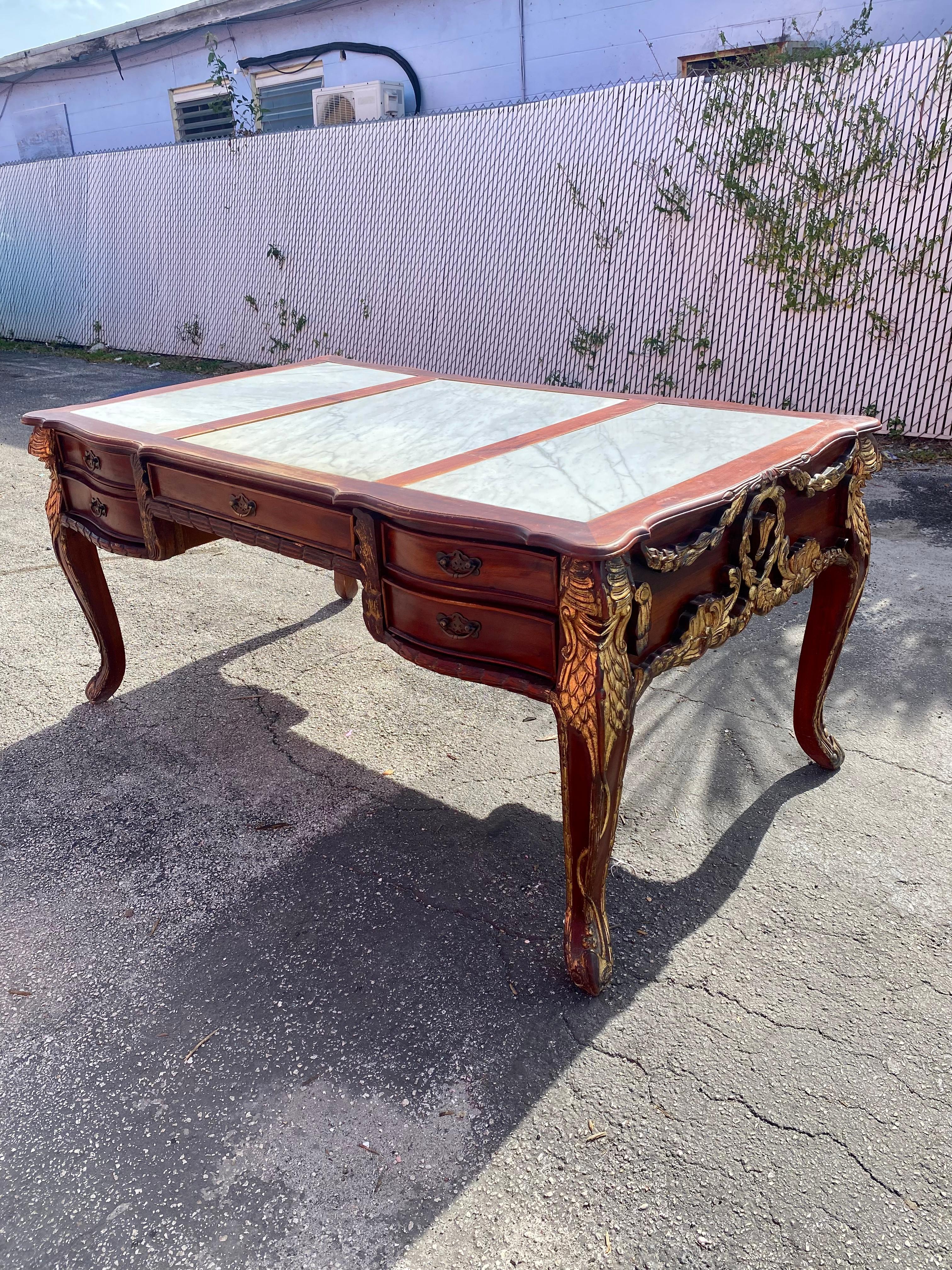 19th Century Louis XV Monumental Solid Carved Gilt Wood Marble Desk For Sale 3