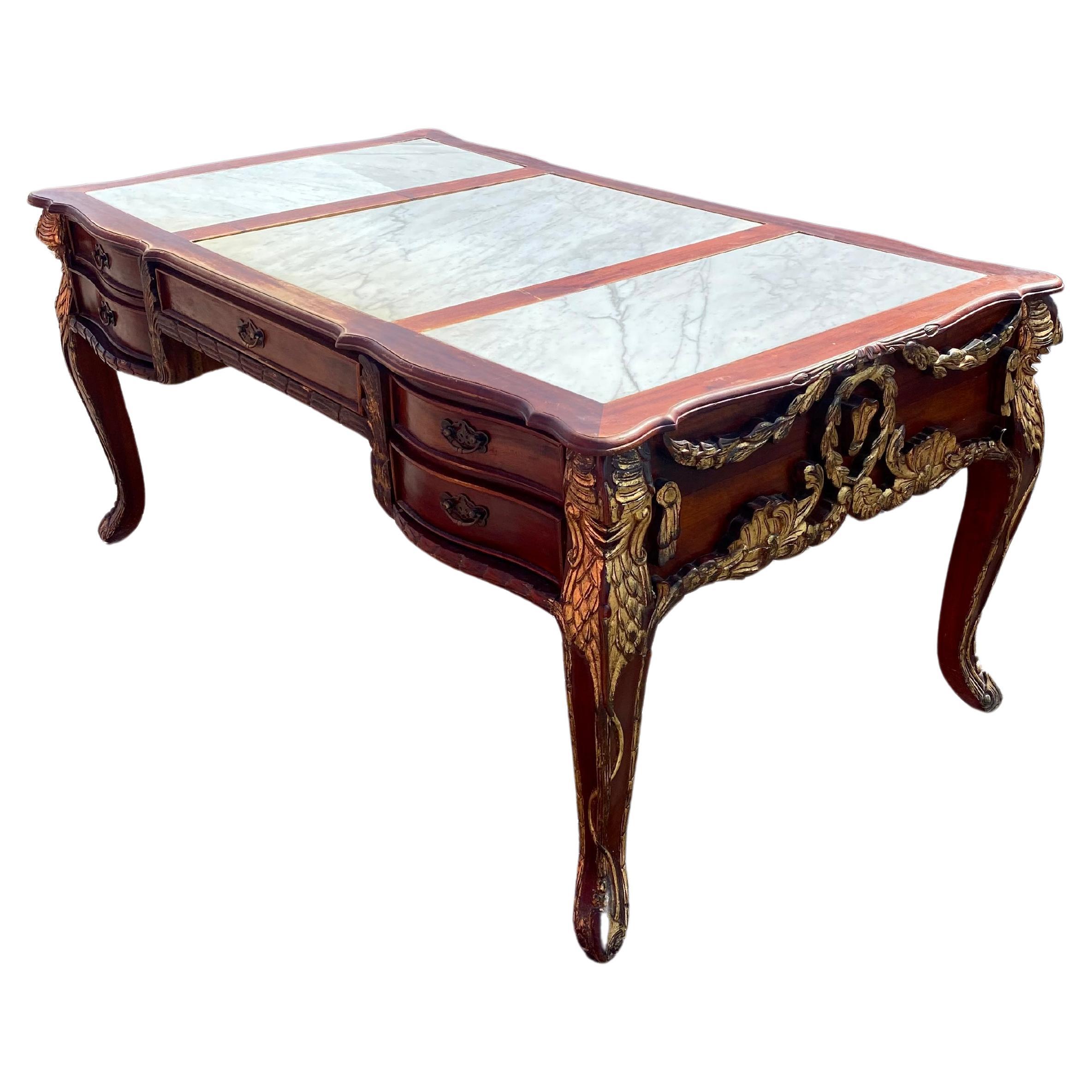 19th Century Louis XV Monumental Solid Carved Gilt Wood Marble Desk For Sale