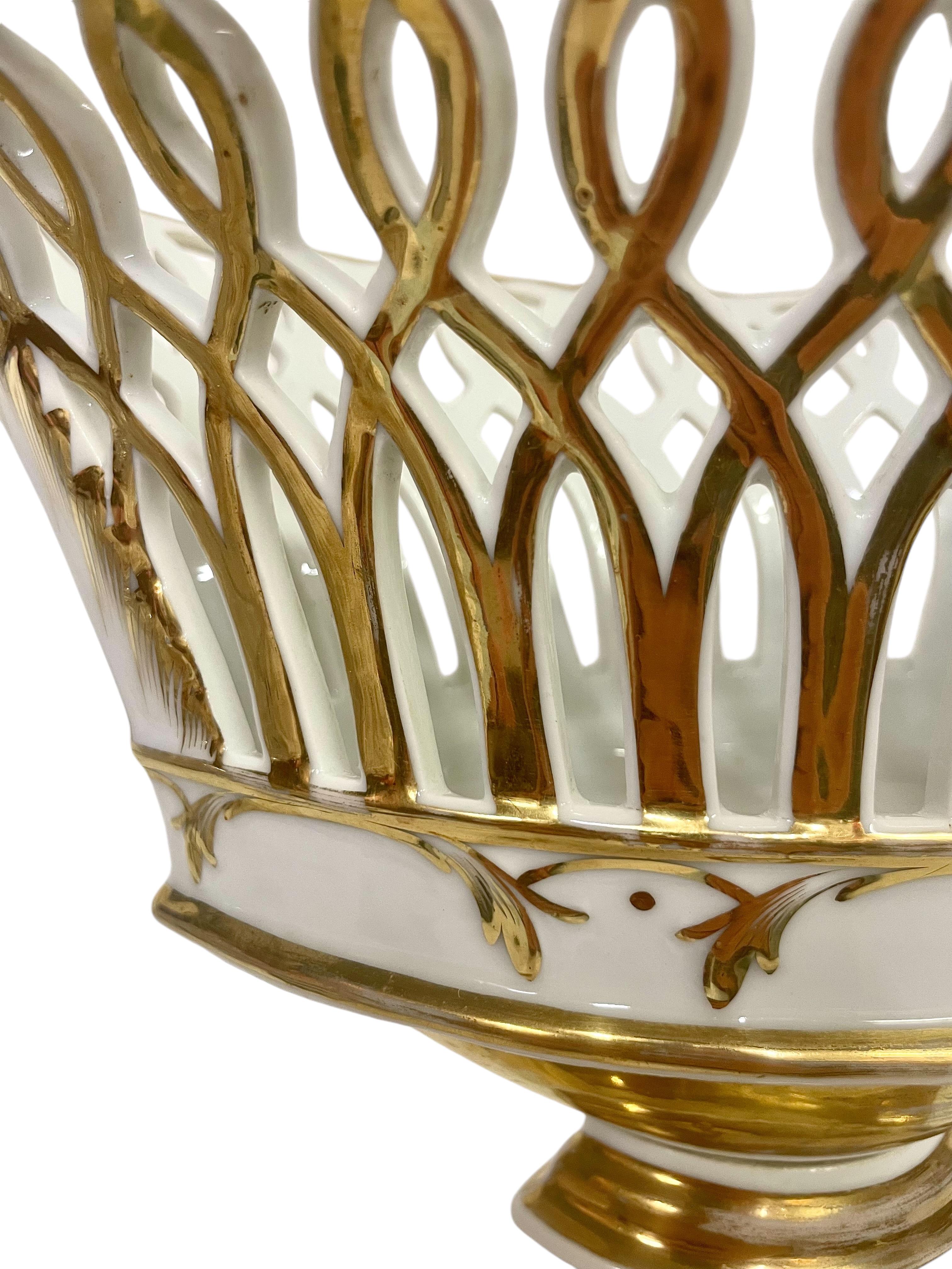 Gilt Louis XV Style Porcelain Openwork Fruit Basket, 19th Century For Sale