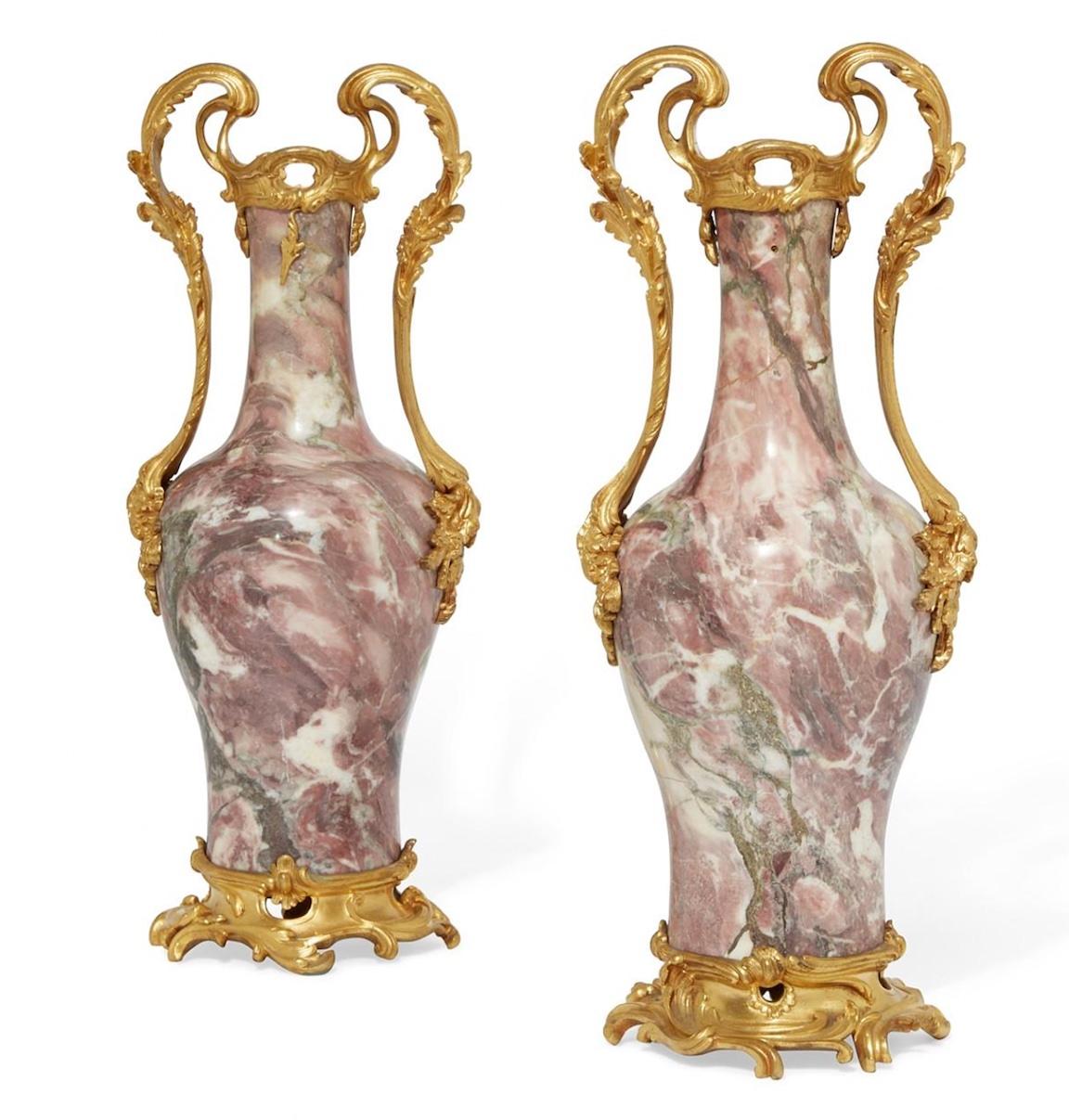 19th Century Louis XV Pair of Brēche Violette Marble Vases In Good Condition In Salt Lake City, UT
