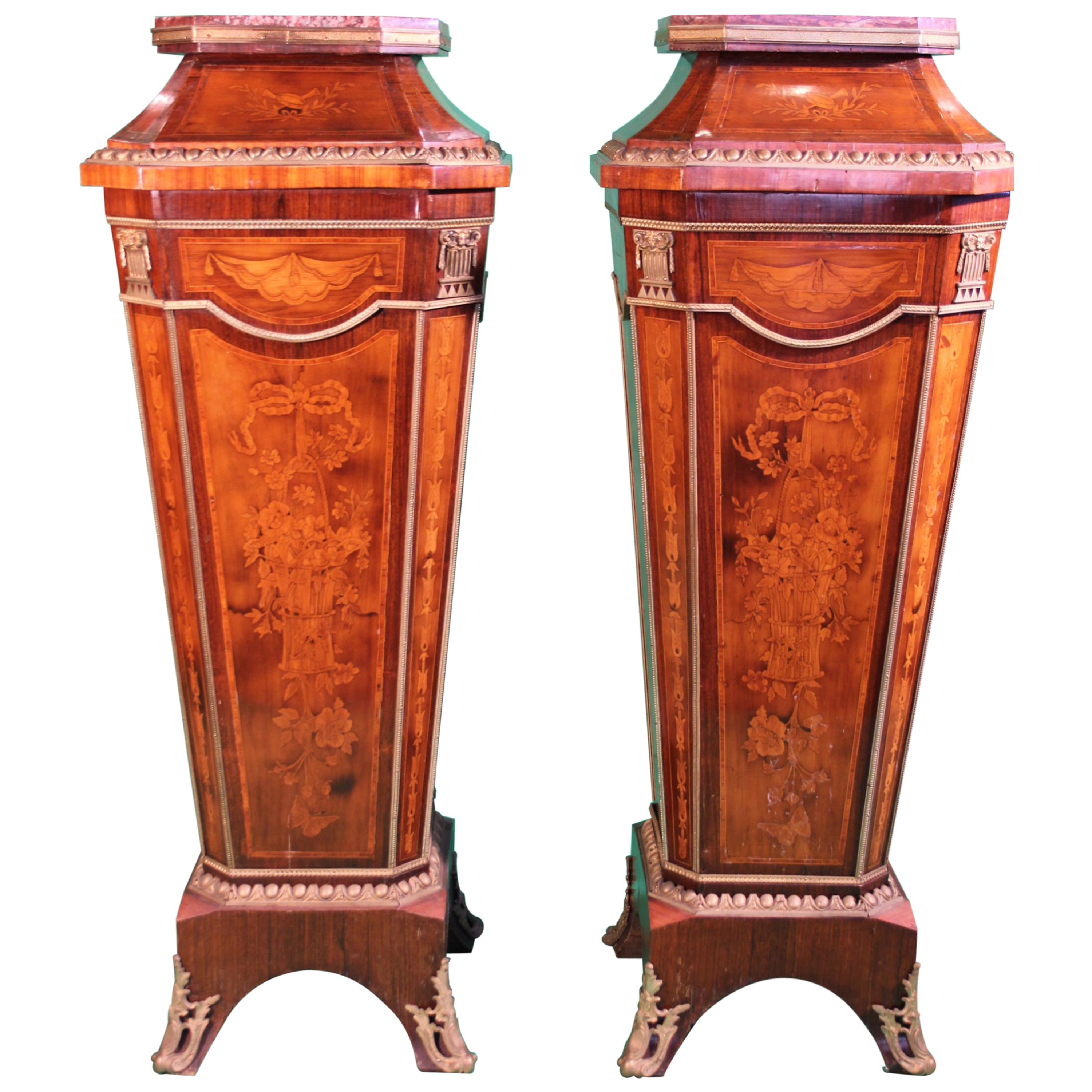19th Century France Louis XV Pair of Columns Marquetry Inlaid Pedestals, 1880s