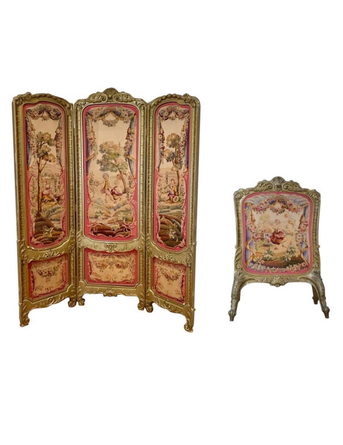 19th Century Louis XV Regency Gilded Screen and Fire Screen with Tapestries For Sale 3