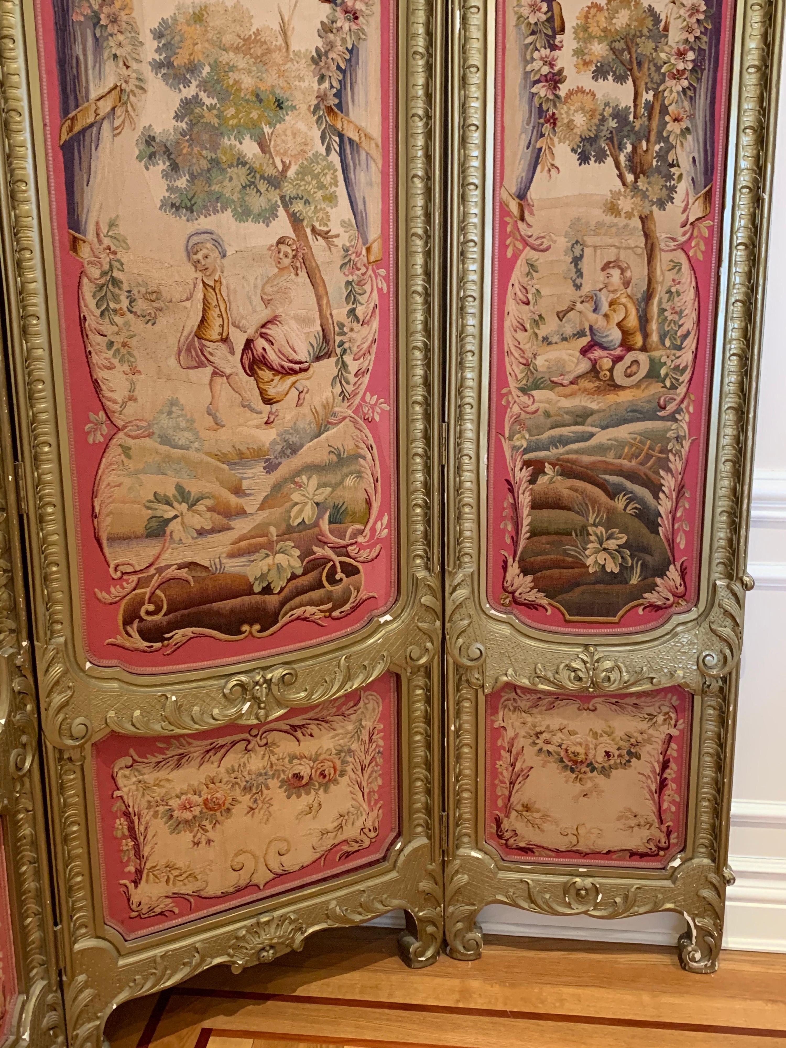 Hand-Carved 19th Century Louis XV Regency Gilded Screen and Fire Screen with Tapestries
