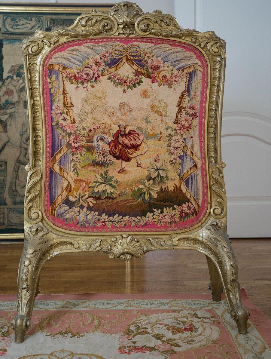 19th Century Louis XV Regency Gilded Screen and Fire Screen with Tapestries 3
